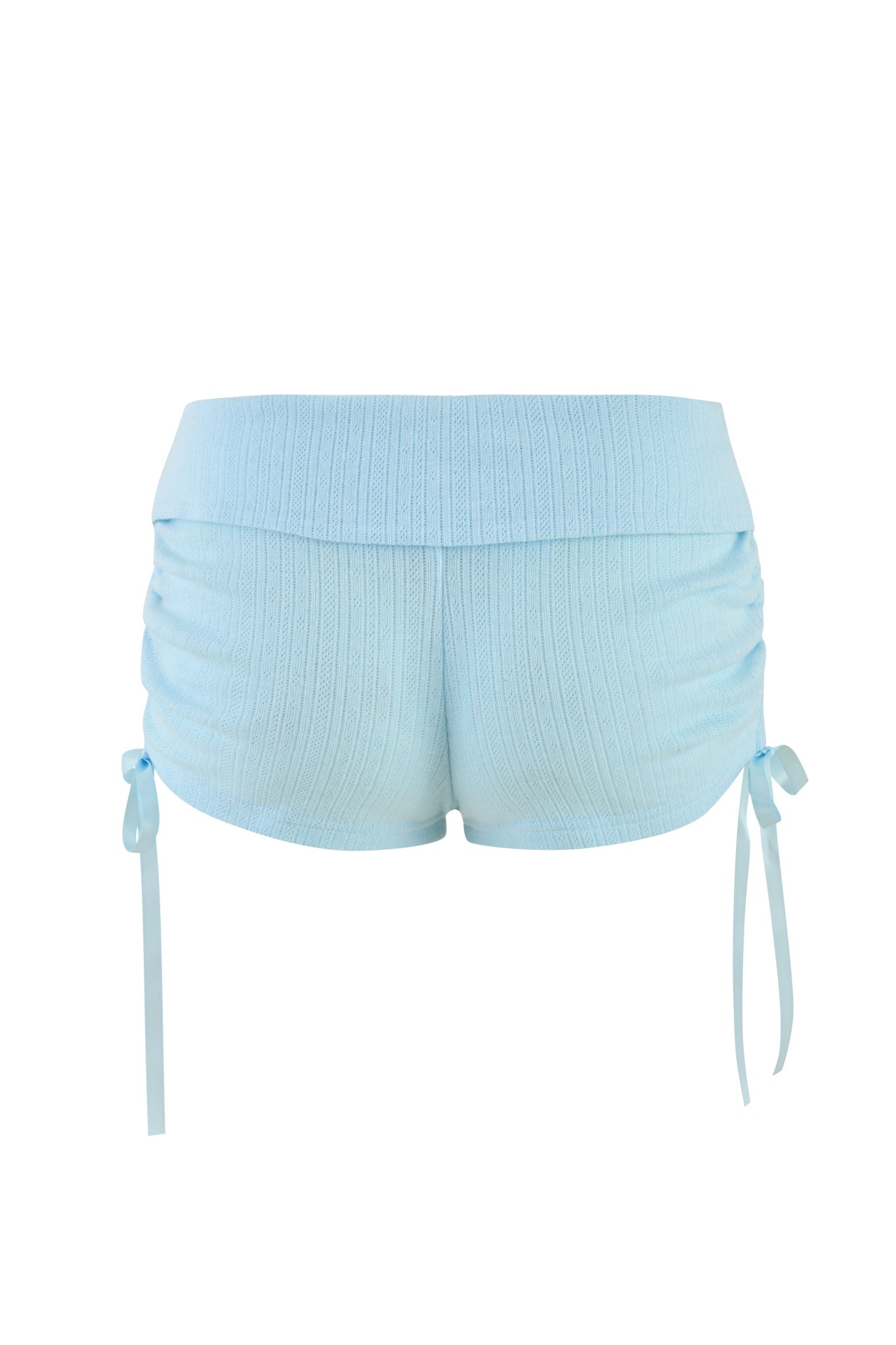 Introducing the I.AM.GIA MIA SHORT in BABY BLUE. These light blue knit shorts offer a comfortable elastic waistband and a refined vertical ribbed texture. With side ruching and adjustable drawstrings tied into small bows, they are ideal for any casual outing.