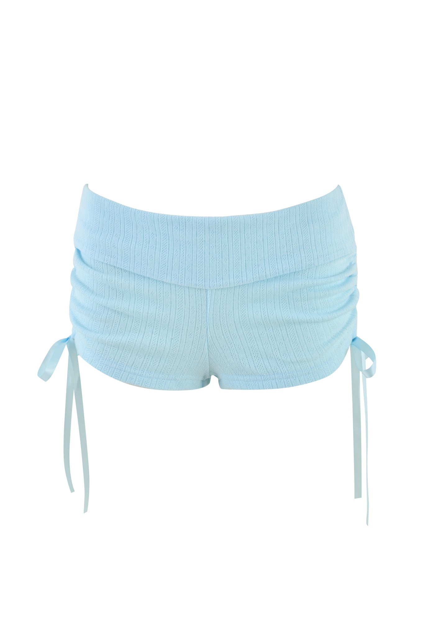 The Mia Short by I.AM.GIA in baby blue boasts a delicate pointelle knit design and includes side drawstrings, all highlighted against a simple white background.