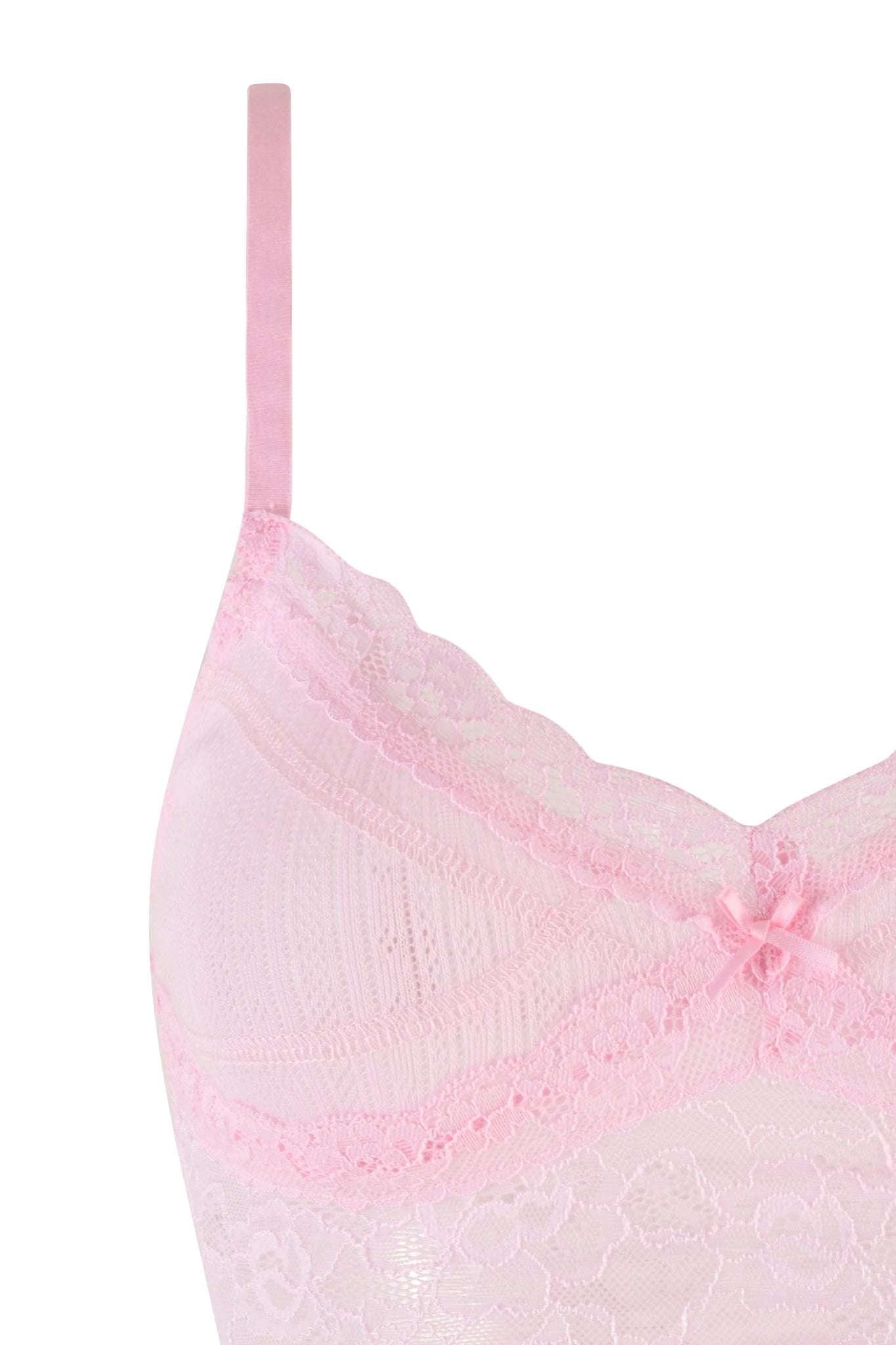 Close-up of the SERINA TANK - PINK : LACE by I.AM.GIA, featuring a delicate bow at the center. The thin straps and floral lace pattern create a feminine and elegant design, showcasing I.AM.GIA's signature blend of style and sophistication.