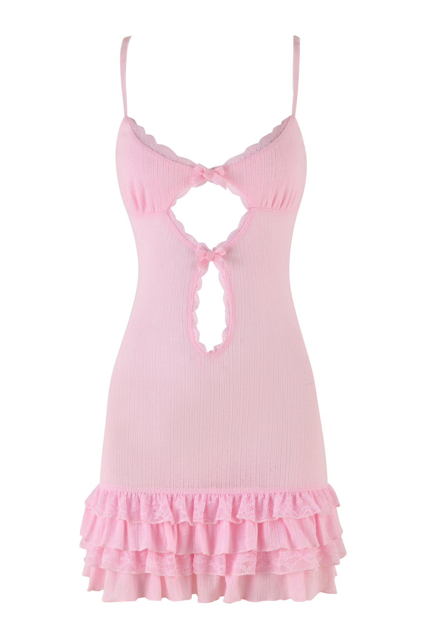 The I.AM.GIA MIRABELLE DRESS - PINK : LACE is a sleeveless, spaghetti strap dress crafted from soft fabric. It features two front cut-outs adorned with bow accents, a fitted bodice, and a mini skirt with three layers of ruffles trimmed in lace, exuding a feminine and flirty style.