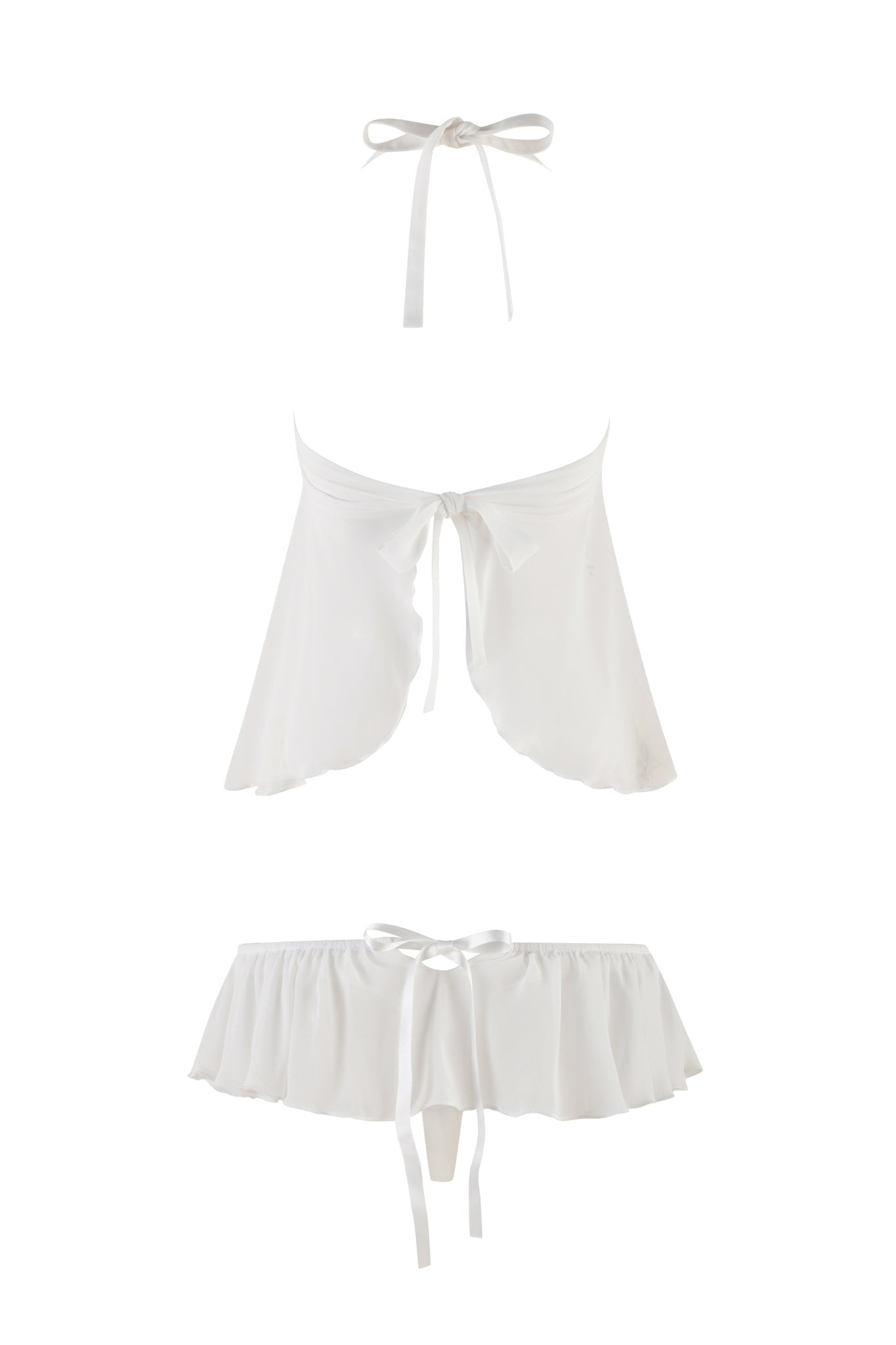 The CHEYENNE SET - WHITE from I.AM.GIA is displayed on a plain background. The top of this two-piece lingerie set is a halter bralette with tie bows at the neck and back, showcasing a flowy, draped design. The matching bottoms are frilly, high-waisted panties adorned with a decorative bow tie at the front.