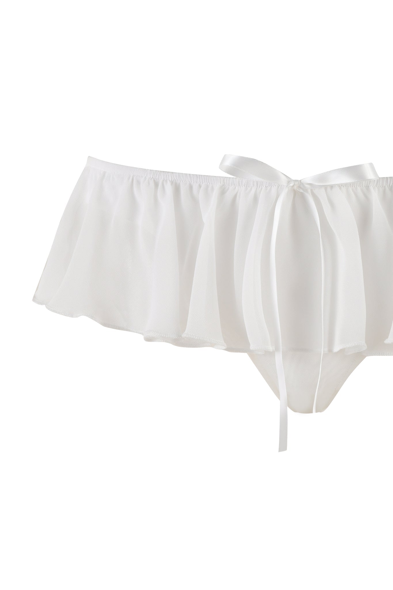 The CHEYENNE SET - WHITE by I.AM.GIA features a pair of sheer white bikini panties with a ruffled waistband and a satin ribbon bow at the front, exuding chic appeal. The fabric showcases a lightweight and delicate feel.
