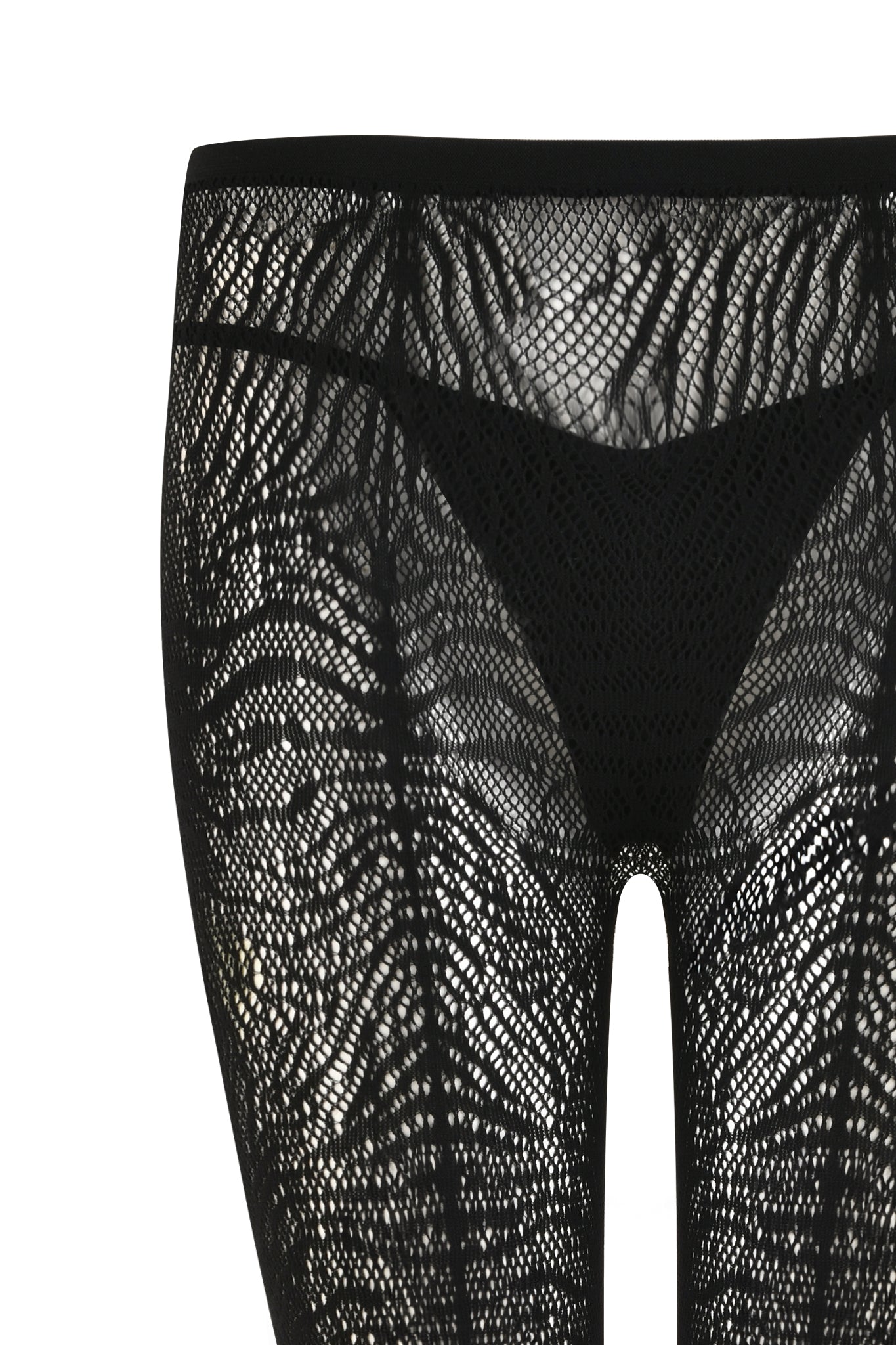 The SYBIL CAPRI - BLACK : ZEBRA by I.AM.GIA features a pair of black fishnet stockings shown from the waist to mid-thigh with a delicate, intricate pattern. The see-through material emphasizes the complex design and rich texture while subtly blending with a custom zebra print for an edgy twist.