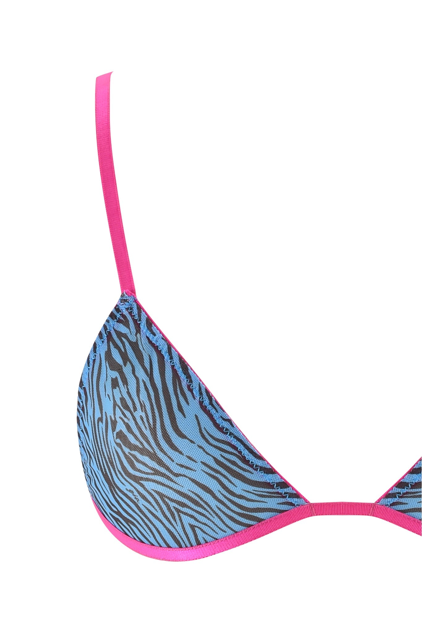 Close-up of the LILAH SET - BLUE : ZEBRA : BLUE ZEBRA bikini top from I.AM.GIA, showcasing a daring blue zebra print complemented by bright pink straps and trim. The design is bold and colorful, blending animal patterns with vibrant accents, and enhanced by mesh fabrication for a modern twist.