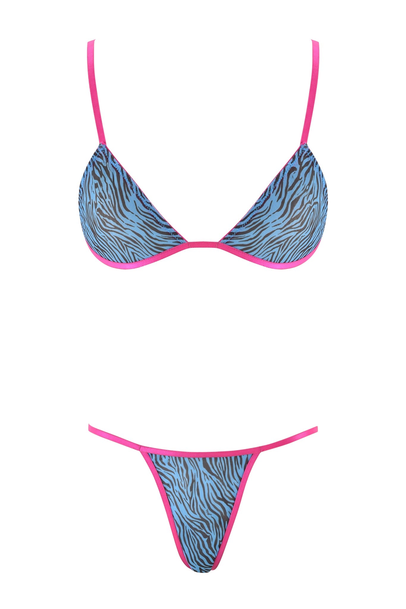 Introducing the Lilah Set by I.AM.GIA, a stunning bikini featuring a vibrant blue zebra print complemented by bright pink straps. This set includes a bikini top with triangular cups and a matching triangle-style bottom, all crafted from high-quality mesh fabrication to ensure ultimate comfort and style whether at the beach or poolside.