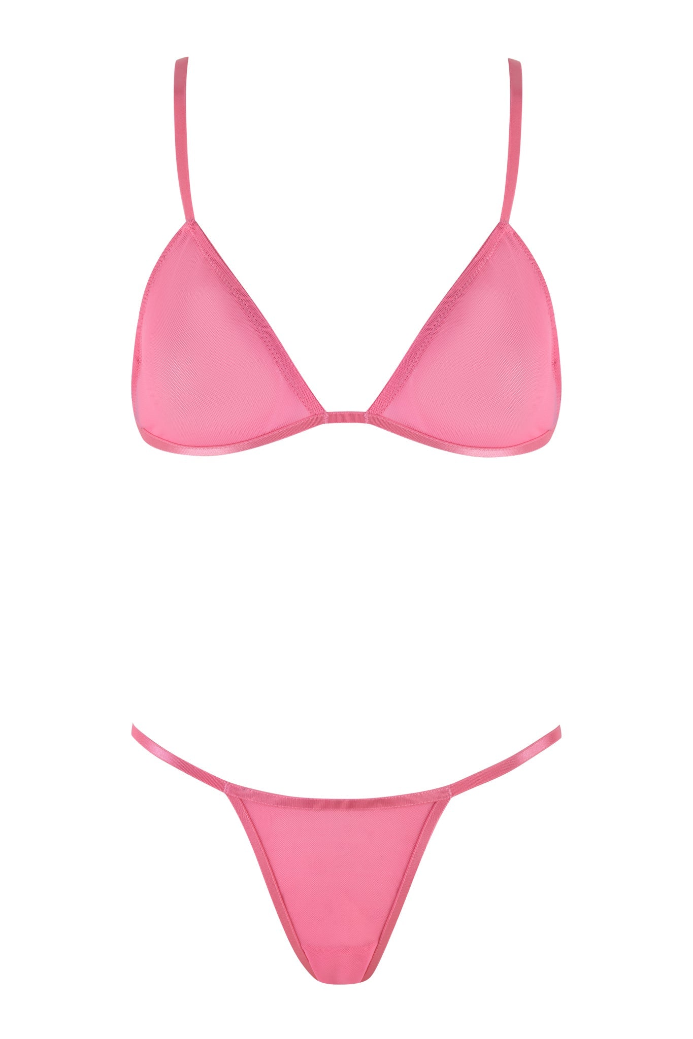The LILAH SET - PINK : HOT PINK by I.AM.GIA features a striking hot pink 2-piece lingerie set, consisting of a triangle bralette with thin straps and a matching thong. This comfortable mesh fabric offers both a delicate and stylish look.