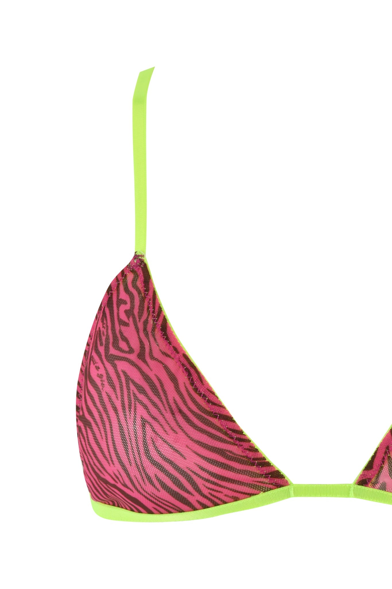 Close-up of the LILAH SET - PINK by I.AM.GIA, showcasing a vibrant pink zebra print with bold black detailing, highlighted by bright green shoulder straps and trim.