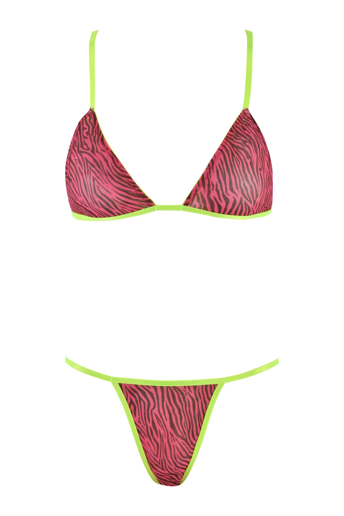 The LILAH SET - PINK : PINK ZEBRA from I.AM.GIA showcases a striking magenta pink zebra-print bikini with thin green straps. The bikini top features triangular cups, while the bottoms highlight a minimal string design. Set against a white background, the vibrant colors and bold pattern are truly eye-catching.