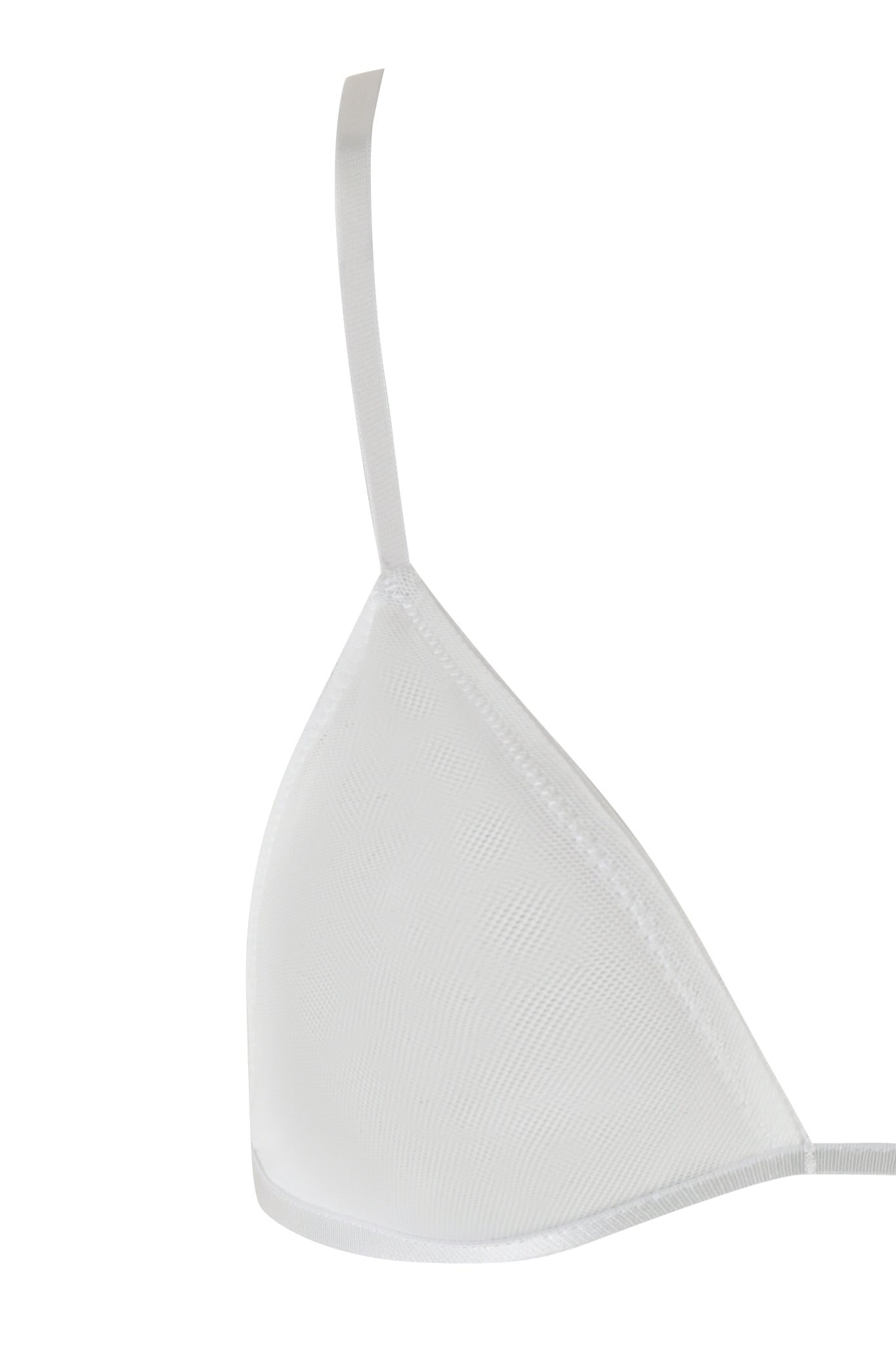 Close-up image of the I.AM.GIA LILAH SET - WHITE, showcasing a simple, white, triangular mesh bralette against a white background. The bralette features thin straps and a minimalistic design that highlights the comfortable mesh fabrication. As part of the best-selling Lilah Set, it exemplifies seamless and delicate fabric excellence.