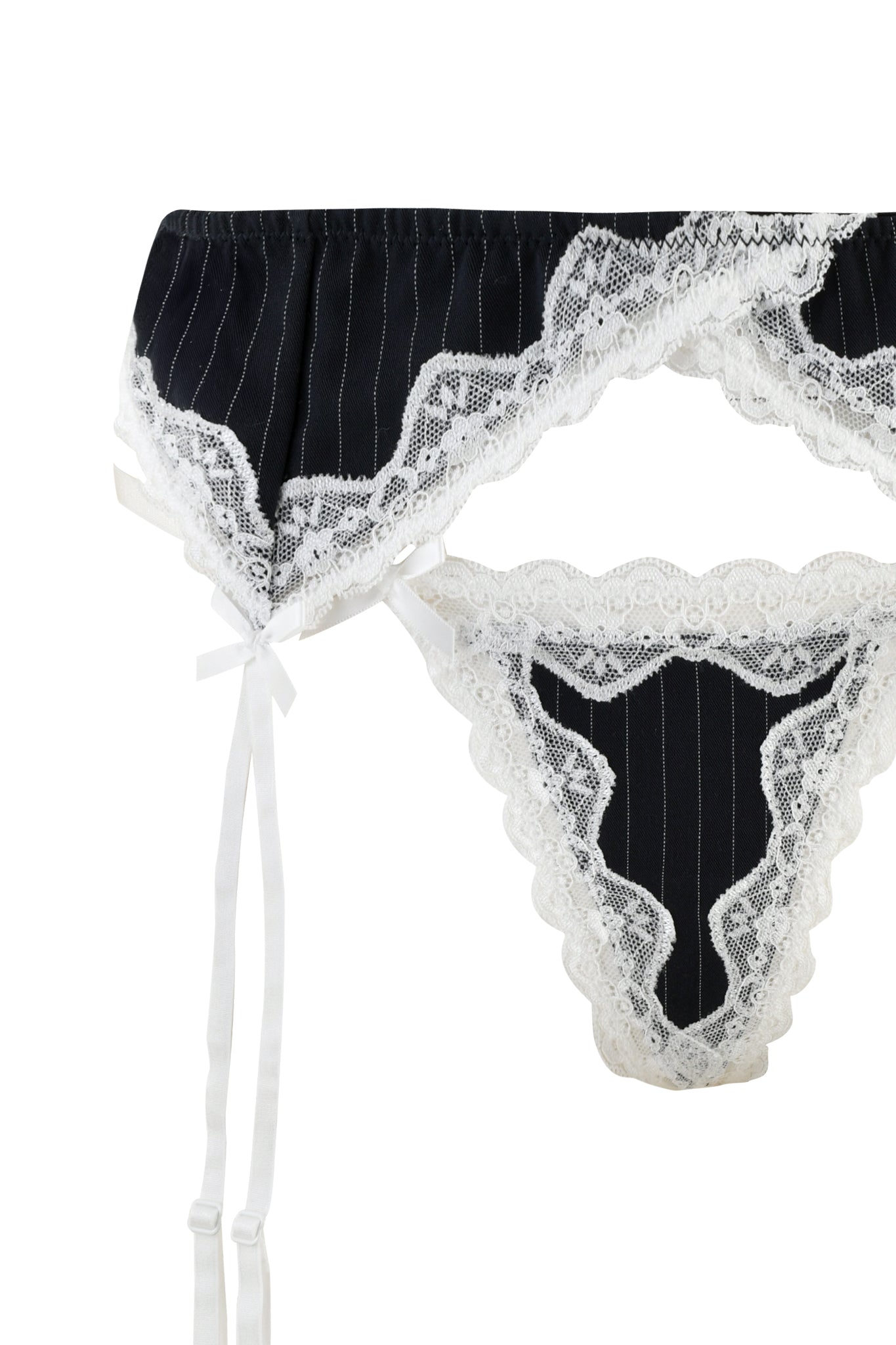 A set of blue pinstripe lingerie with a matching garter belt and thong. The RAINE 3 PIECE SET by I.AM.GIA features adjustable white straps and delicate lace detailing, enhancing its elegant and provocative style.