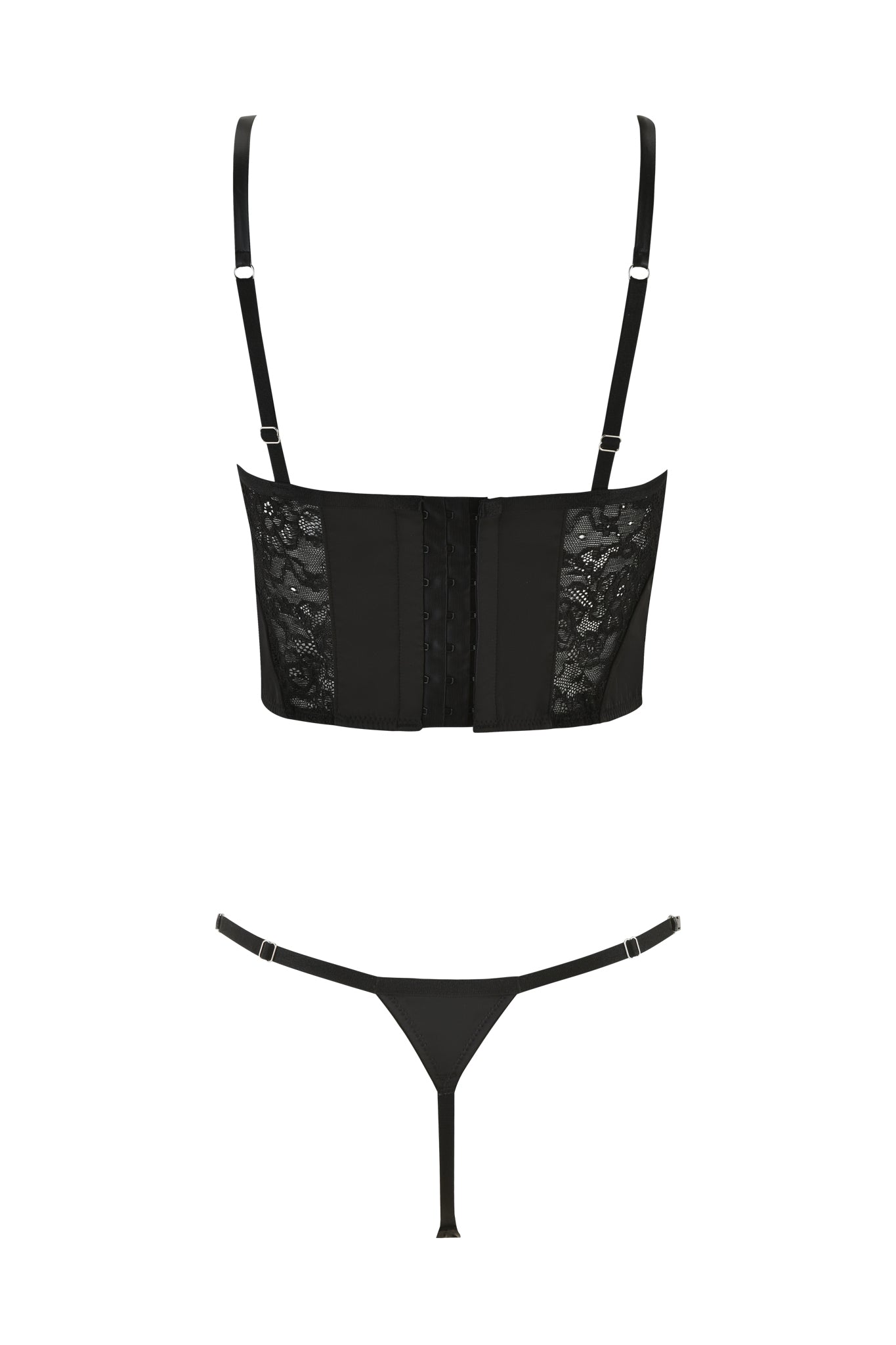 SATINE 2 PIECE SET - BLACK by I.AM.GIA features a strapless corset-style bustier with intricate sheer lace paneling in black, complemented by a matching thong with thin straps on a white background.