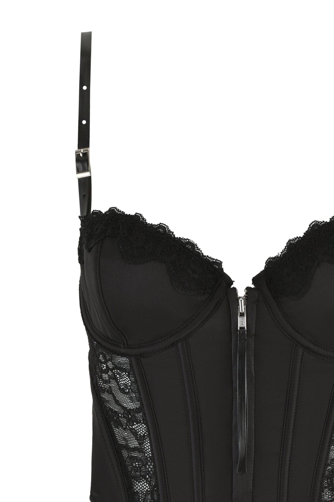 An up-close view of the SATINE 2 PIECE SET - BLACK by I.AM.GIA showcases a corset adorned with sheer lace paneling and slender straps. This sophisticated piece includes a front zipper complemented by delicate lace details along the top edge and sides, resembling an elegant bustier set.