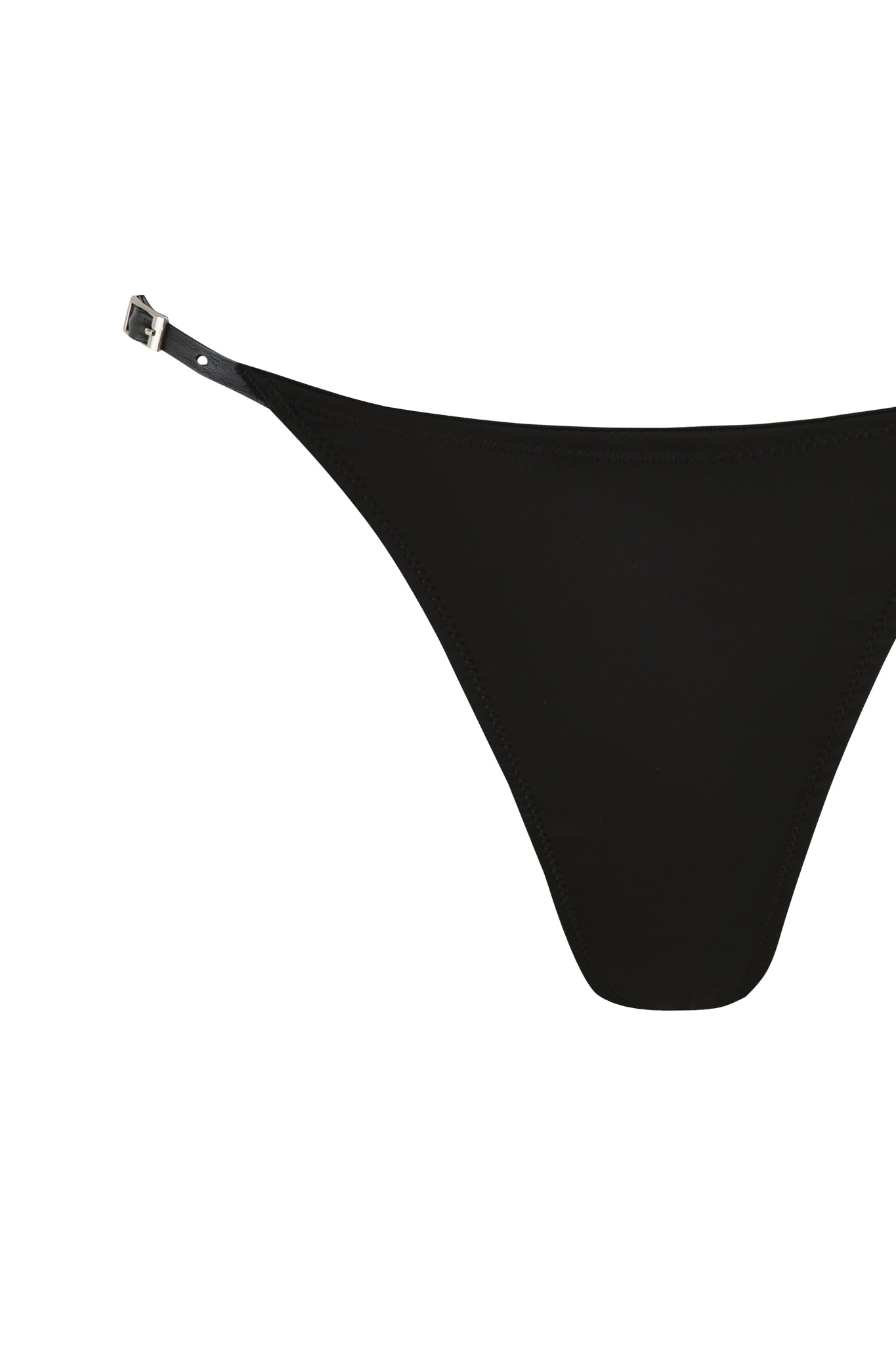 Close-up of the SATINE 2 PIECE SET - BLACK bikini bottom from I.AM.GIA, showcasing a high-cut design with a thin, adjustable buckle strap on one side. The sleek and smooth fabric has a slightly shiny finish reminiscent of faux leather, enhancing its minimalistic style.