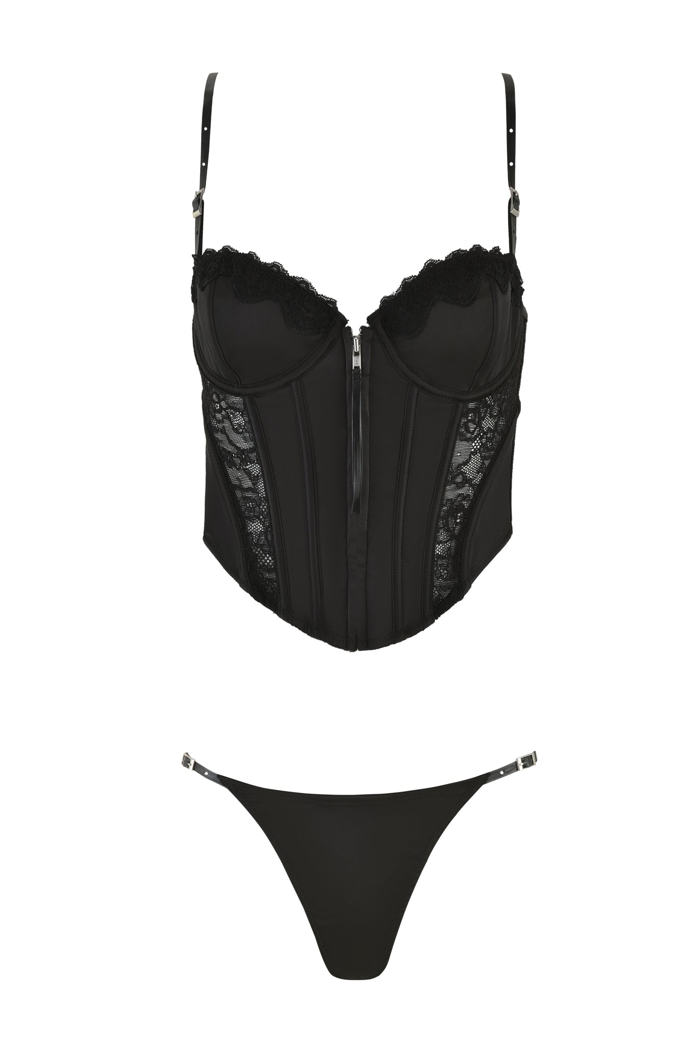 The SATINE 2 PIECE SET - BLACK by I.AM.GIA includes a corset-style bustier top with sheer lace paneling and thin adjustable straps, paired with a matching thong.