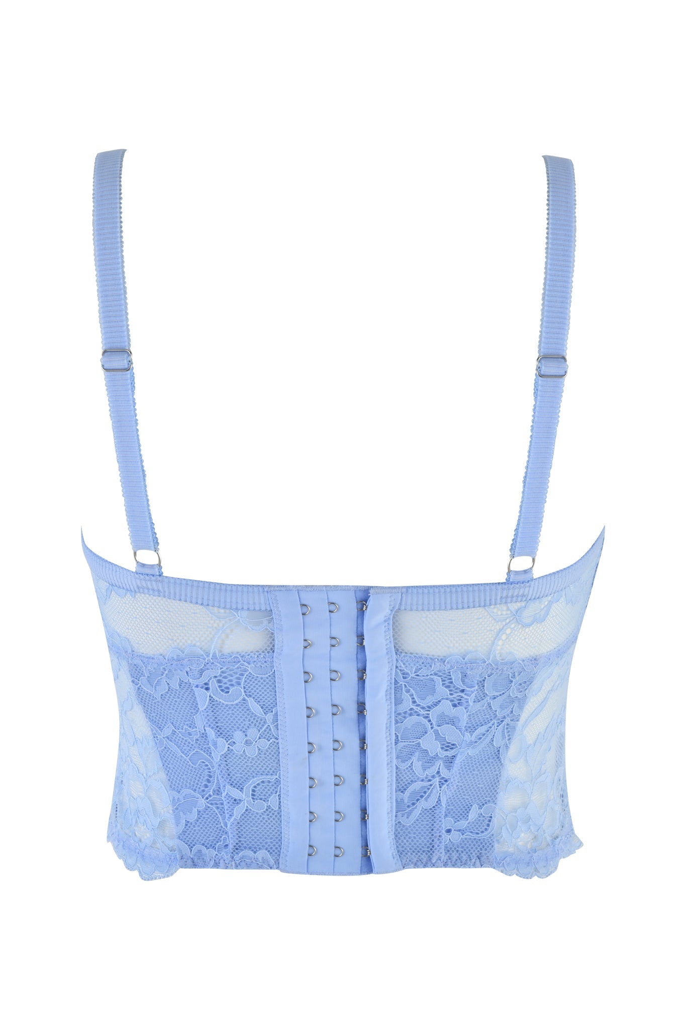 The image depicts the back view of the Callista Bustier in blue lace by I.AM.GIA. It features adjustable shoulder straps and a central hook-and-eye closure. The fabric showcases intricate lace patterns on a sheer background, highlighting its bodycon silhouette.