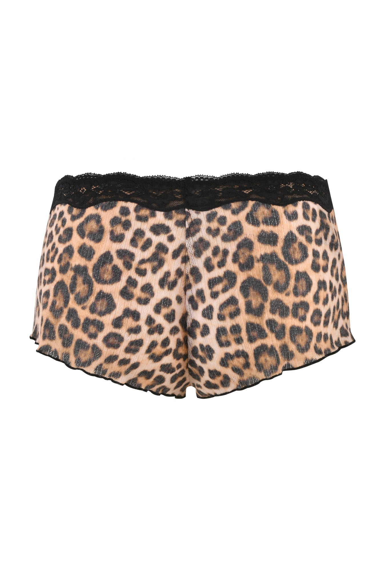 The CASSIA SHORT - NEUTRAL : LEOPARD by I.AM.GIA is a pair of women's leopard-print shorts featuring black lace trim at both the waistband and hem. The fabric showcases an all-over custom leopard print in brown and black spots, offering a loose fit with a low-rise waist for a comfortable, casual design.