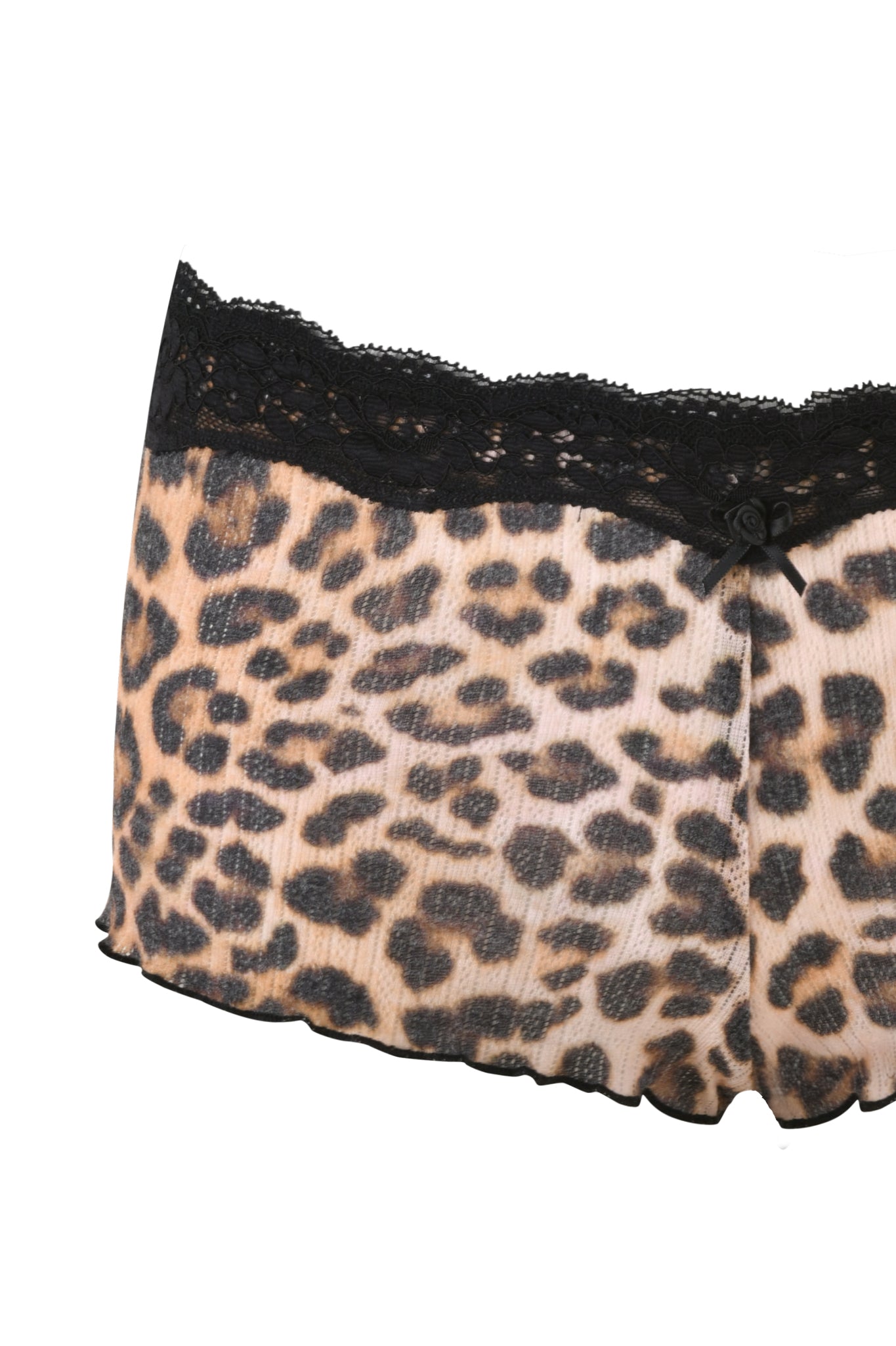 A close-up of the CASSIA SHORT - NEUTRAL : LEOPARD from I.AM.GIA showcases a pair of custom leopard print shorts with a black lace trim around the low-rise, elastic waistband. The snug-fitting shorts feature a leopard pattern in various shades of brown and black spots.