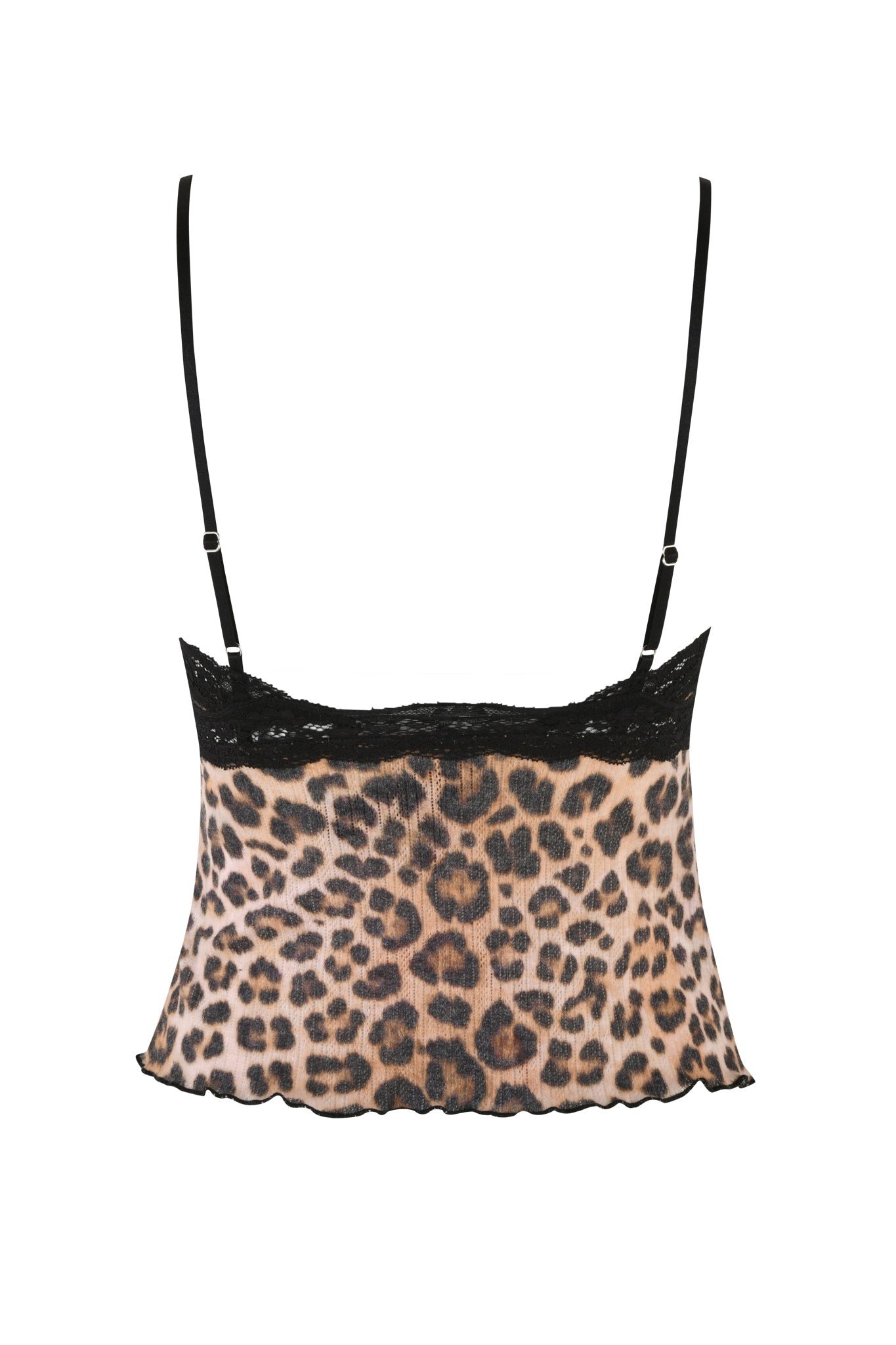 The CASSIA TOP - NEUTRAL: LEOPARD by I.AM.GIA is a leopard-print camisole featuring thin black adjustable straps. It showcases black lace trim along the neckline and hem and has a slightly flared fit with a wavy edge at the bottom. The white background highlights I.AM.GIA's signature edgy style.