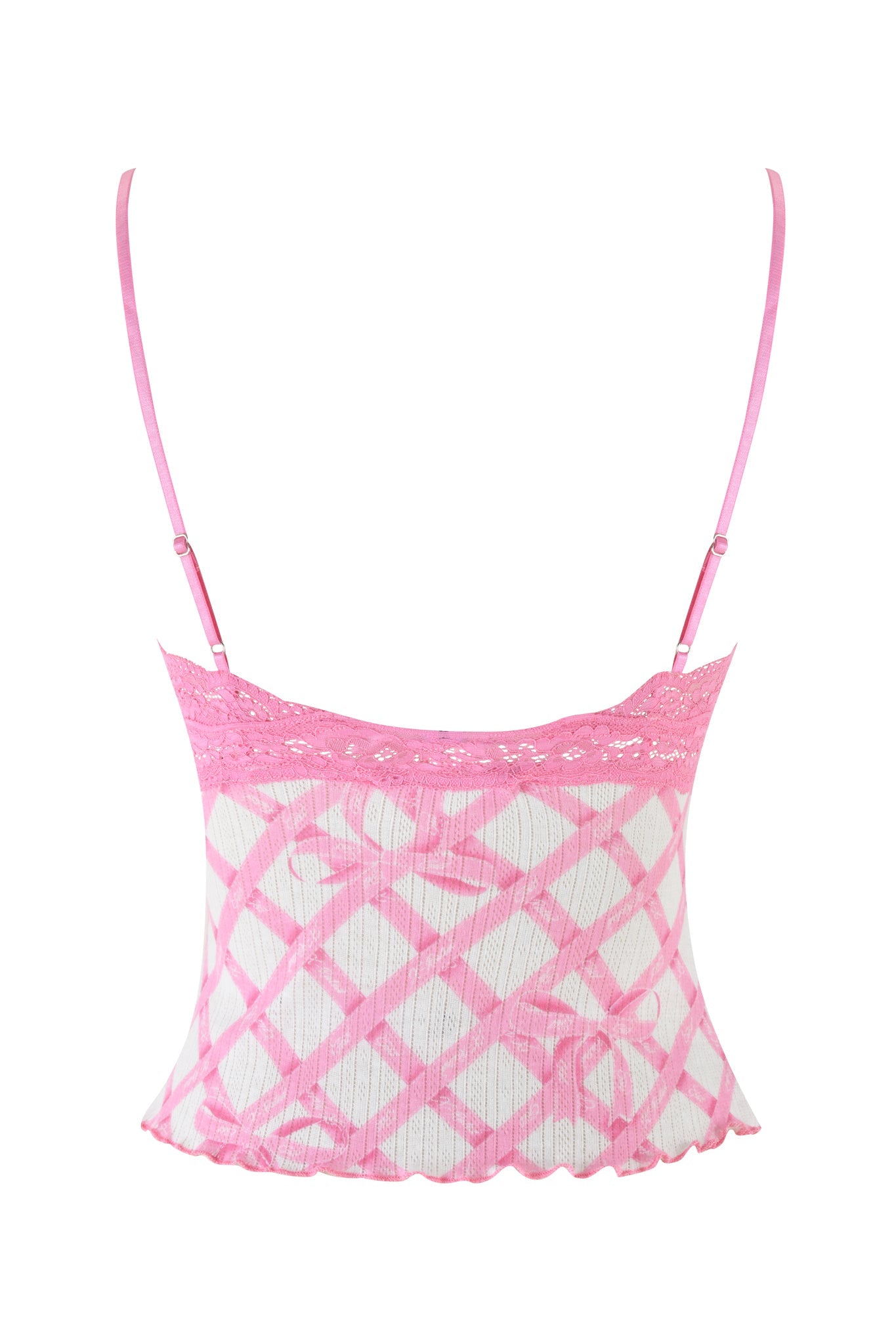 The CASSIA TOP - PINK by I.AM.GIA boasts a spaghetti strap design in pink and white with a checkered pattern and lace trim. The ribbed texture and fitted shape are enhanced by the pointelle knit fabrication, combining style and comfort.