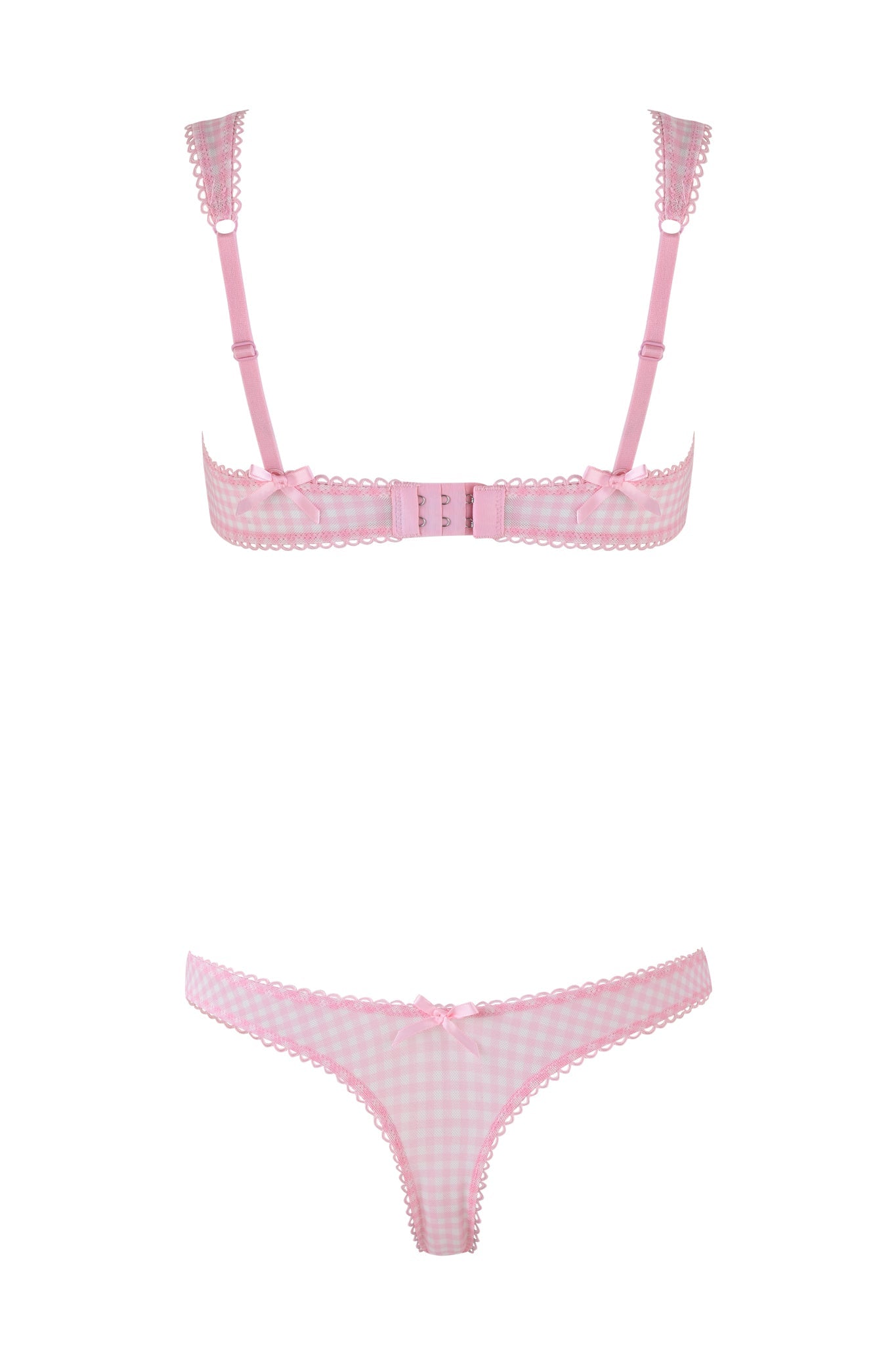 The I.AM.GIA AMANDA SET - PINK GINGHAM includes a vintage pink gingham bra with adjustable straps and lace trim, along with a matching thong featuring a front bow detail. Both pieces boast a soft checkered pattern, adding charm to your everyday wear.