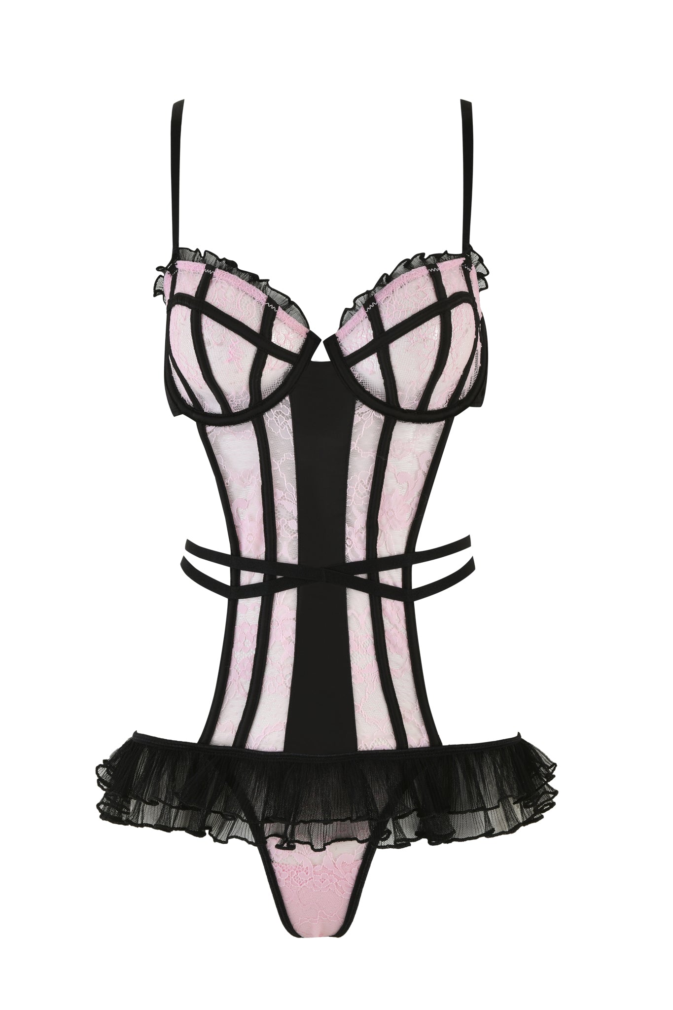 The MARILYN BODYSUIT - PINK by I.AM.GIA is a pink and black lingerie set that showcases a corset-style bodice with a sweetheart neckline. It features black strap detailing and a ruffled trim, complete with underwired cups, adjustable shoulder straps, and a matching thong for an elegant and feminine style.