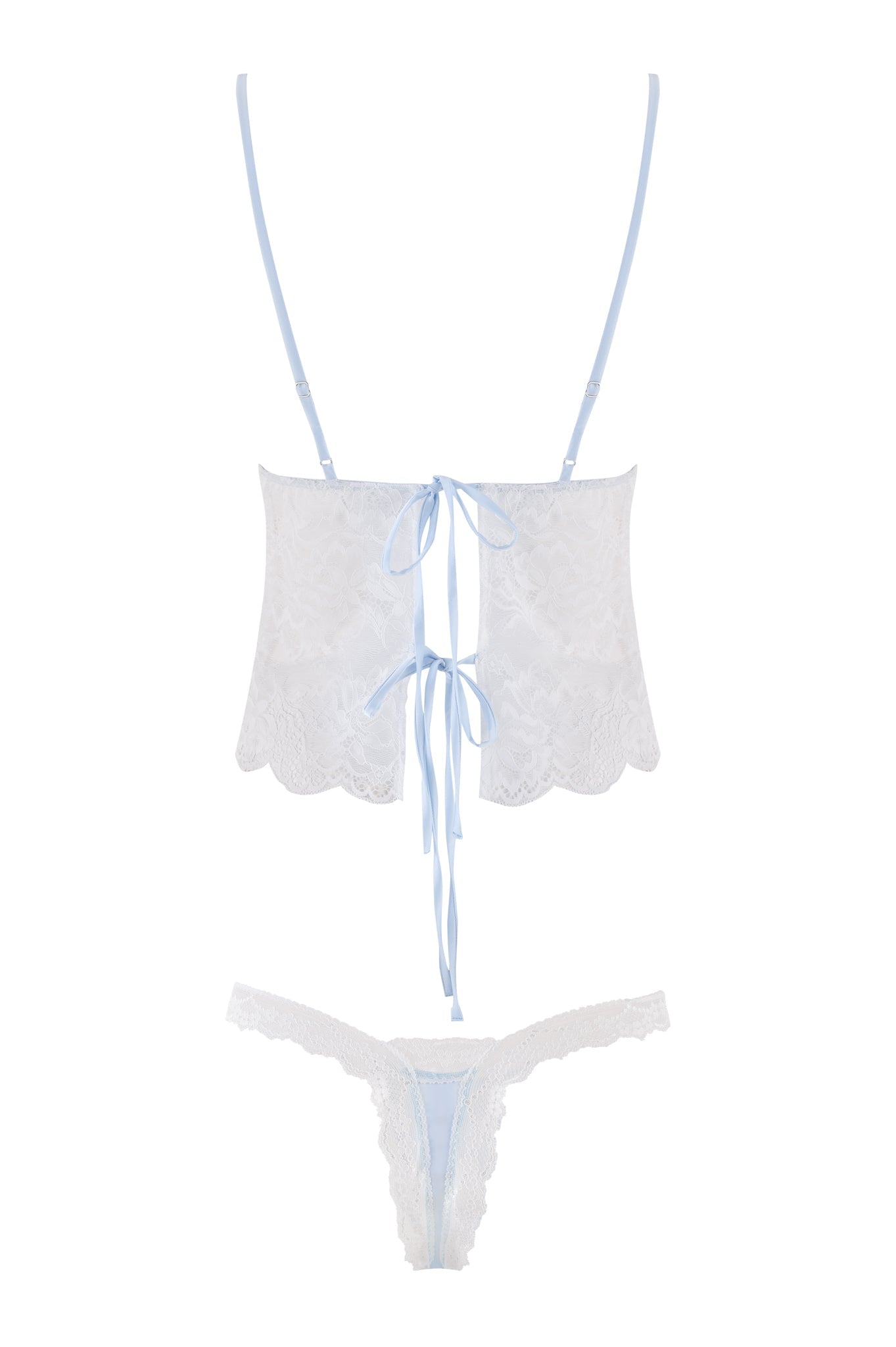 Displayed on a plain background is the LOLO 2 PIECE SET - BLUE by I.AM.GIA, featuring a delicate lace lingerie set in blue and white. The set includes a cropped top with adjustable shoulder straps and a small bow at the back, complemented by matching lace panties. The fabric showcases intricate patterns and scalloped edges.