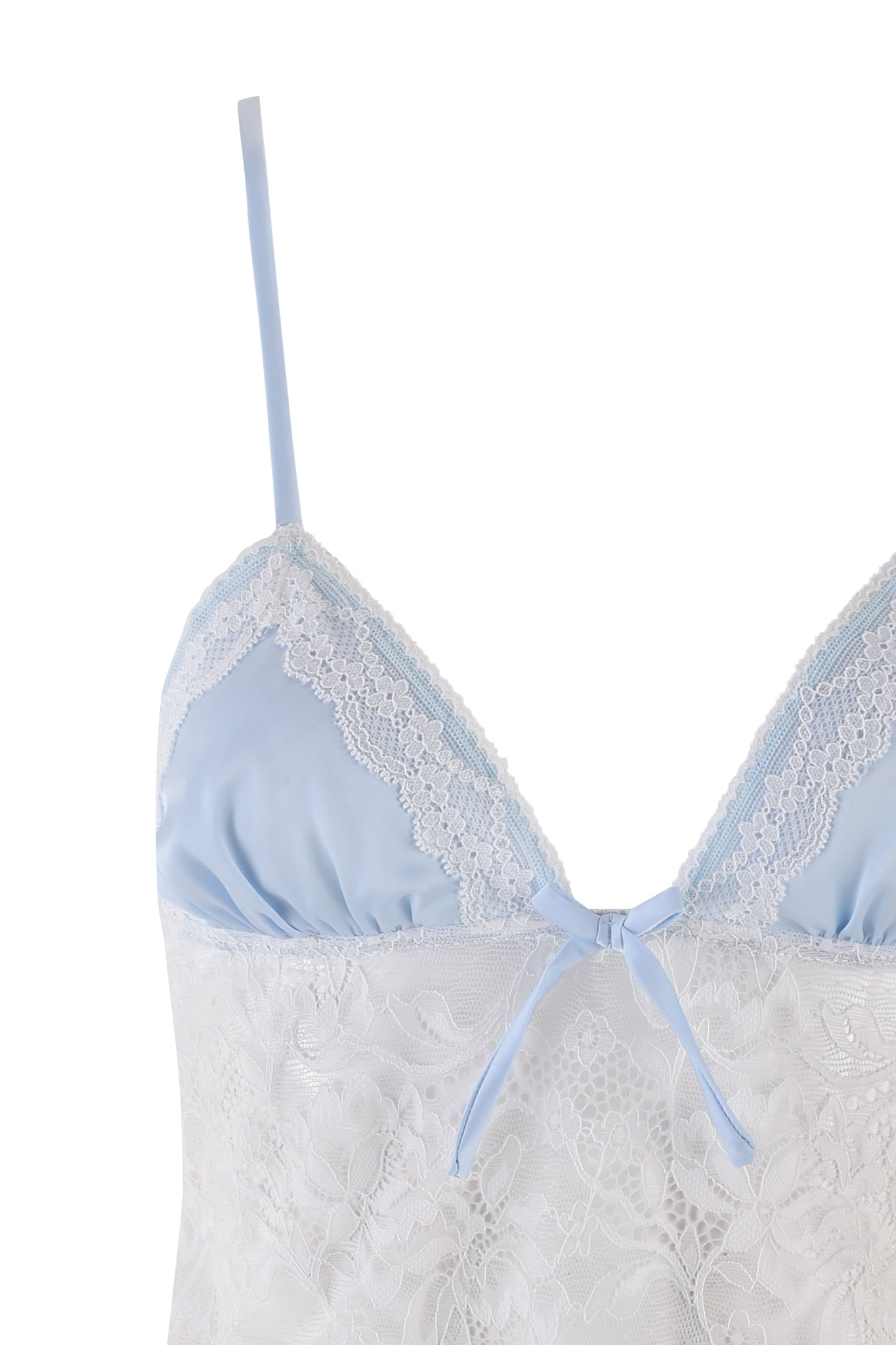 The LOLO 2 PIECE SET - BLUE by I.AM.GIA features a light blue and white satin and lace lingerie top with adjustable shoulder straps, accented by a small bow at the center. The cups are beautifully adorned with delicate lace detailing.