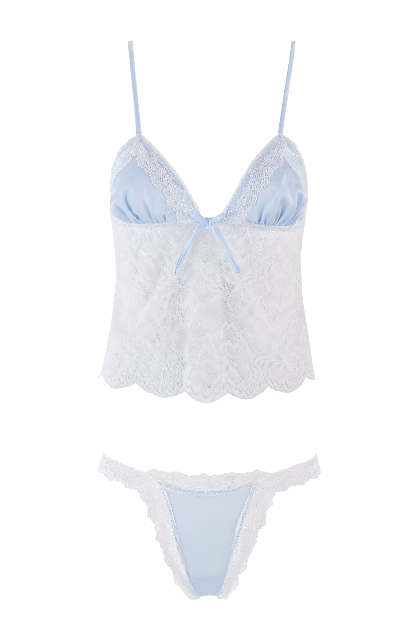 Introducing the LOLO 2 PIECE SET - BLUE by I.AM.GIA: a stunning light blue and white lingerie ensemble consisting of a satin and lace camisole with adjustable shoulder straps and a dainty bow in the center, paired perfectly with matching lace panties. The camisole is designed with a scalloped lace pattern elegantly layered over rich satin fabric.