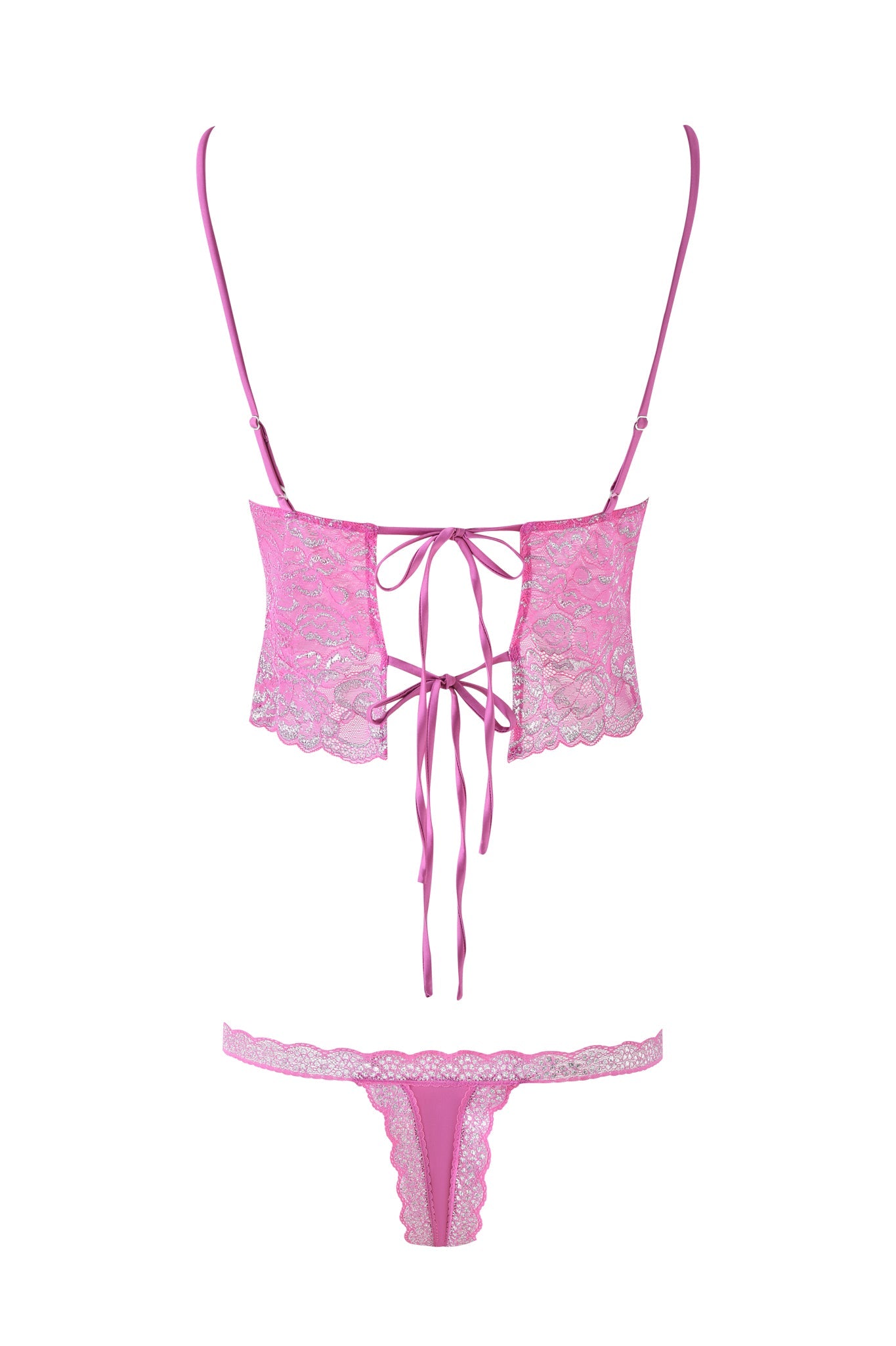 The LOLO METALLIC SET - MAGENTA by I.AM.GIA features a stunning pink lace lingerie set with a magenta metallic finish. It includes delicate floral patterns, adjustable straps, a corset-style back with ribbon ties, and a matching low-rise thong which exudes elegance and intricate design.