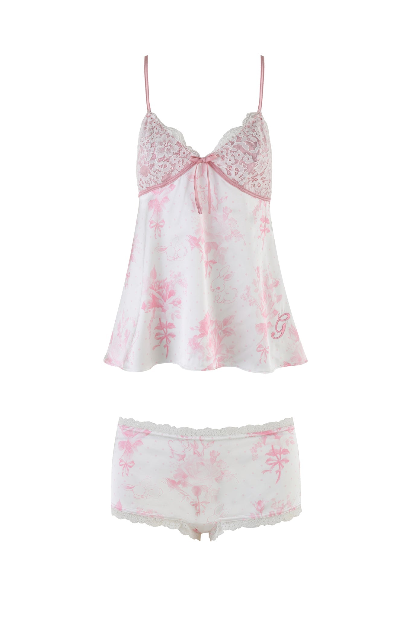 Introducing the BRIDGET CAMI 2 PIECE SET - PINK : FLORAL by I.AM.GIA, a charming lingerie set featuring a lace-trimmed camisole with spaghetti straps and matching shorts. Both pieces are elegantly adorned with a delicate pink and white floral print, evoking the timeless charm of vintage slip dresses.