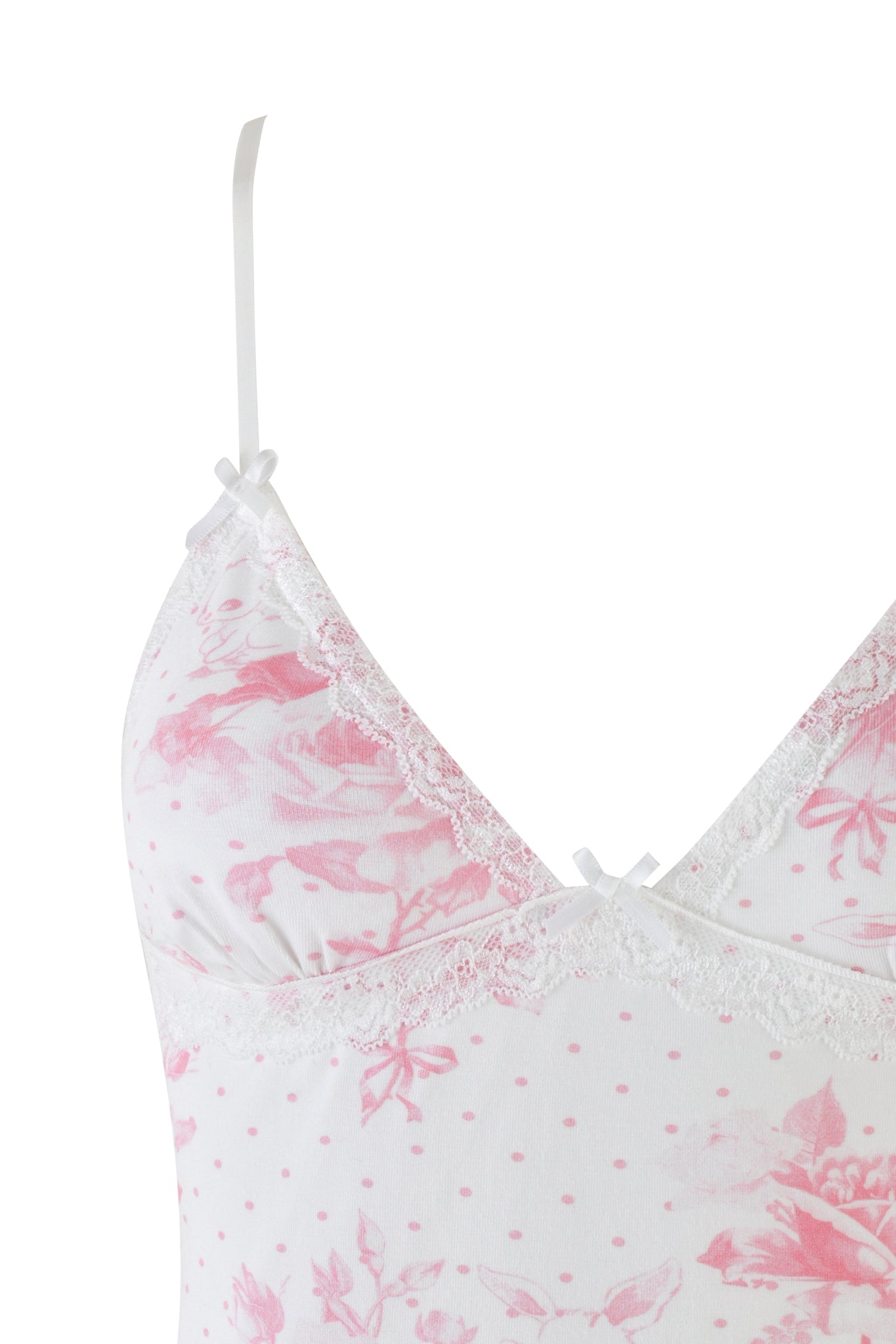 Here's a revised version of the sentence using your product data:
A close-up of the KENDRA TANK in white by I.AM.GIA highlights its charming Bunny Bouquet floral pattern and small polka dots. The tank features a delicate lace trim along the V-neckline, narrow shoulder straps, and small bows at the center and on the straps for an added touch of charm.