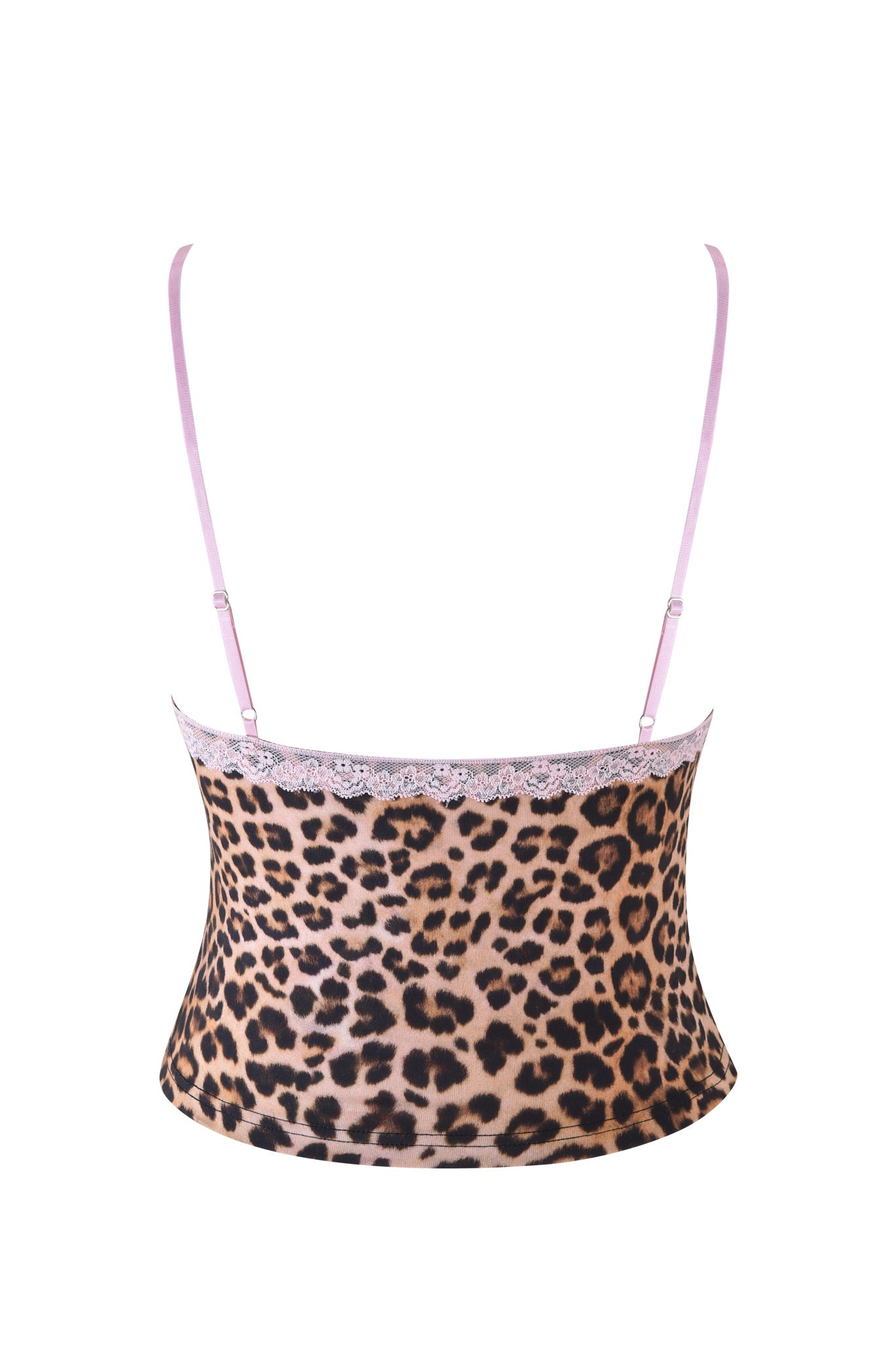 The KENDRA TANK - NEUTRAL : LEOPARD by I.AM.GIA features a leopard print with brown and black spots, thin pink straps, and lace trim. The back has a simple design with adjustable shoulder straps for the perfect fit.