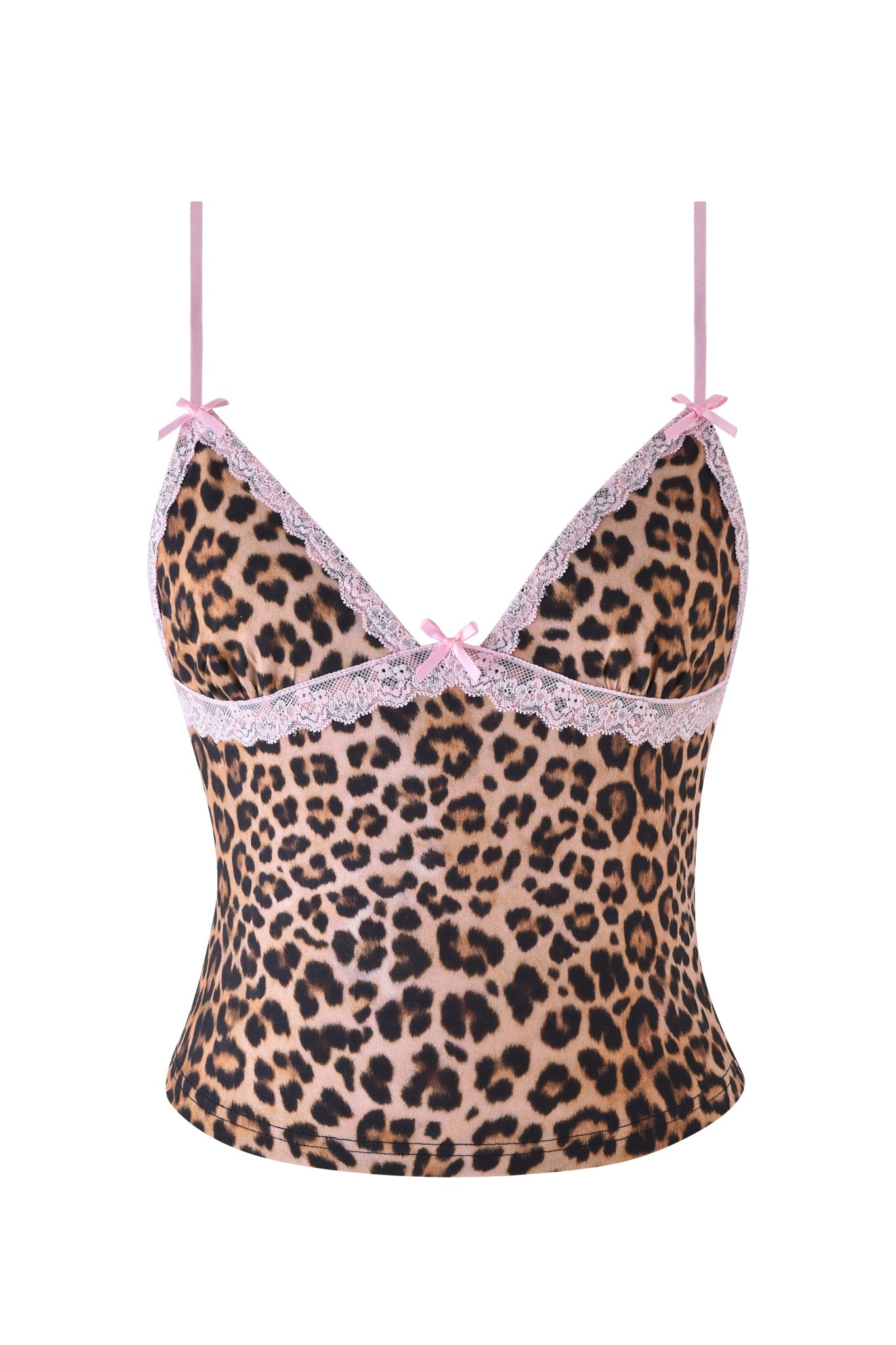 I.AM.GIA's KENDRA TANK - NEUTRAL : LEOPARD features a leopard print with pink lace trim on the neckline, adjustable straps, and a bodycon fit. Small pink bows at the neckline and strap bases add a playful touch.
