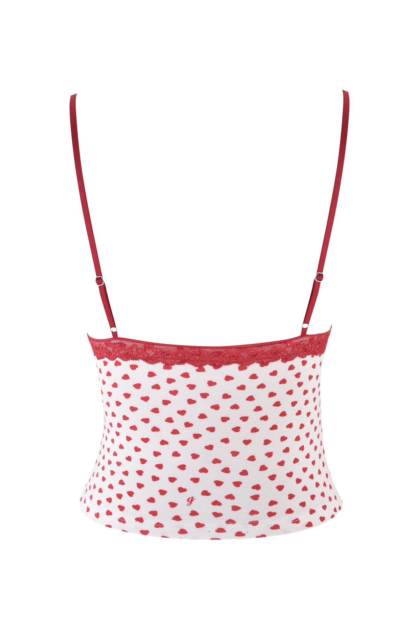 The I.AM.GIA Kendra Tank - White : Digital : Heartbeat features a form-fitting, sleeveless design with red spaghetti straps and playful red lips print. Its straight neckline is accented by delicate red lace, making it ideal for casual occasions.
