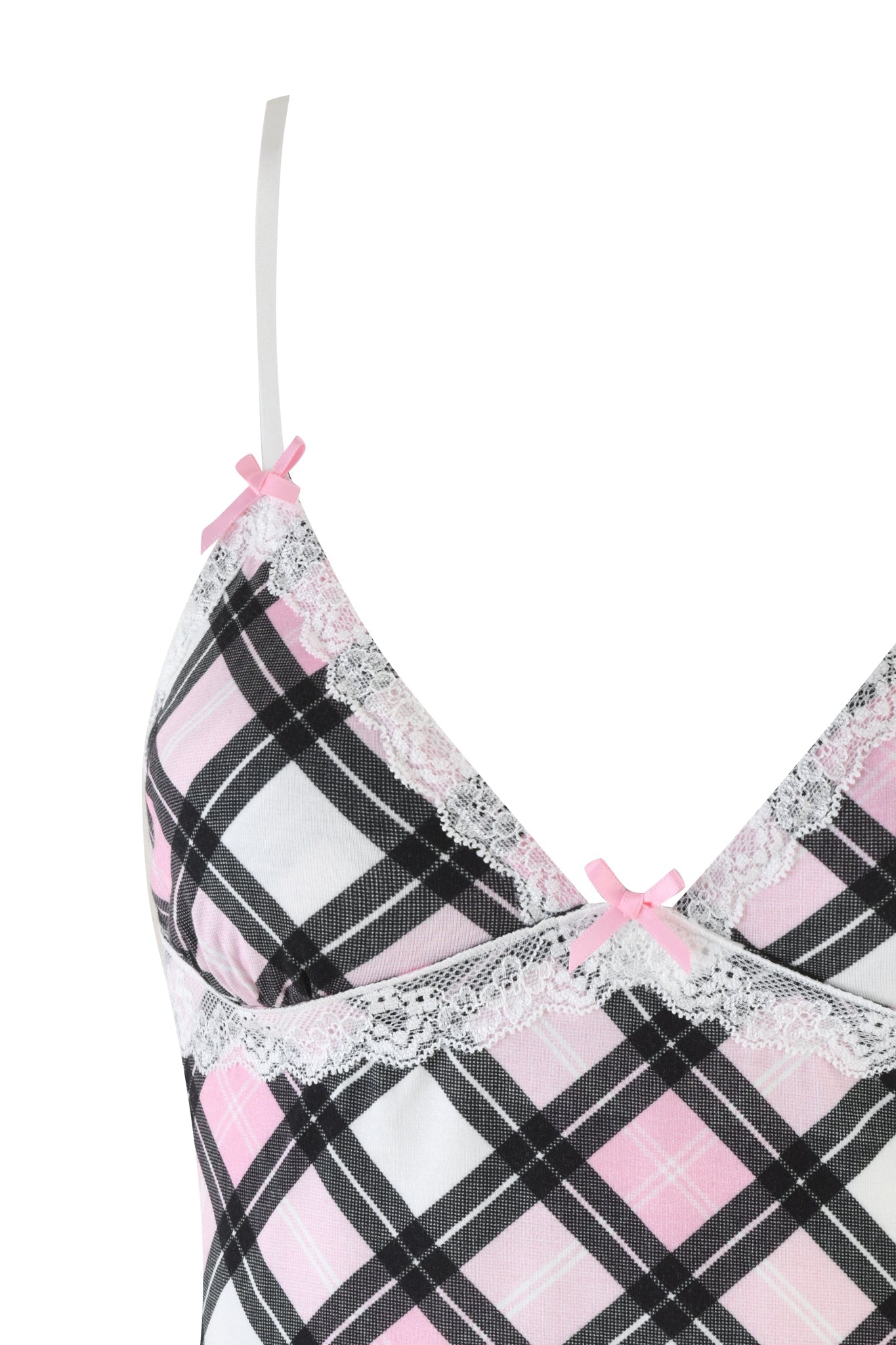 Close-up of the KENDRA TANK - PINK : PLAID by I.AM.GIA, showcasing adjustable shoulder straps and lace trim. The checkered design includes delicate small pink bows at the top, set against a plain white background to accentuate its elegant charm.