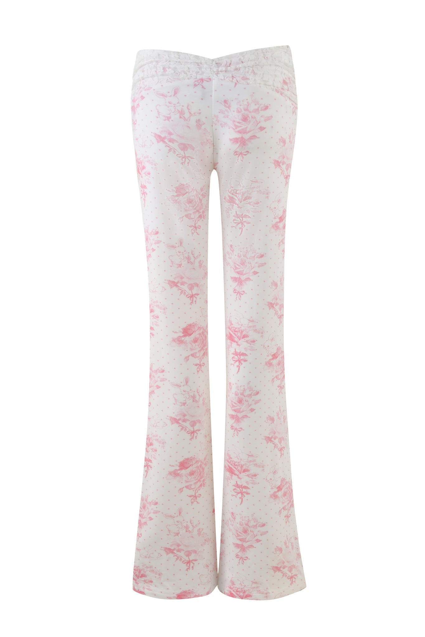 KENDRA PANT - WHITE : FLORAL: BUNNY BOUQUET by I.AM.GIA showcases a high waist and flared legs, adorned with a custom pink floral print on a plain white background.