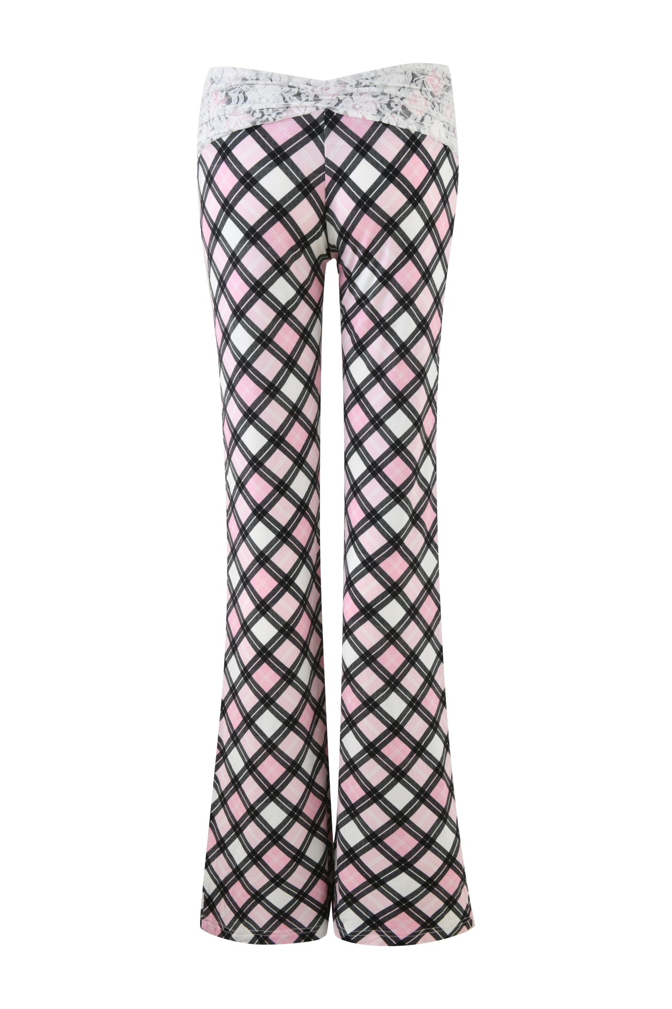 The KENDRA PANT - PINK : PLAID from I.AM.GIA showcases a classic bell-bottom flair, with a low-rise flared silhouette that enhances their retro appeal. Accentuated by a top band displaying swirling patterns in soft hues, they make a striking contrast against the plain white background.