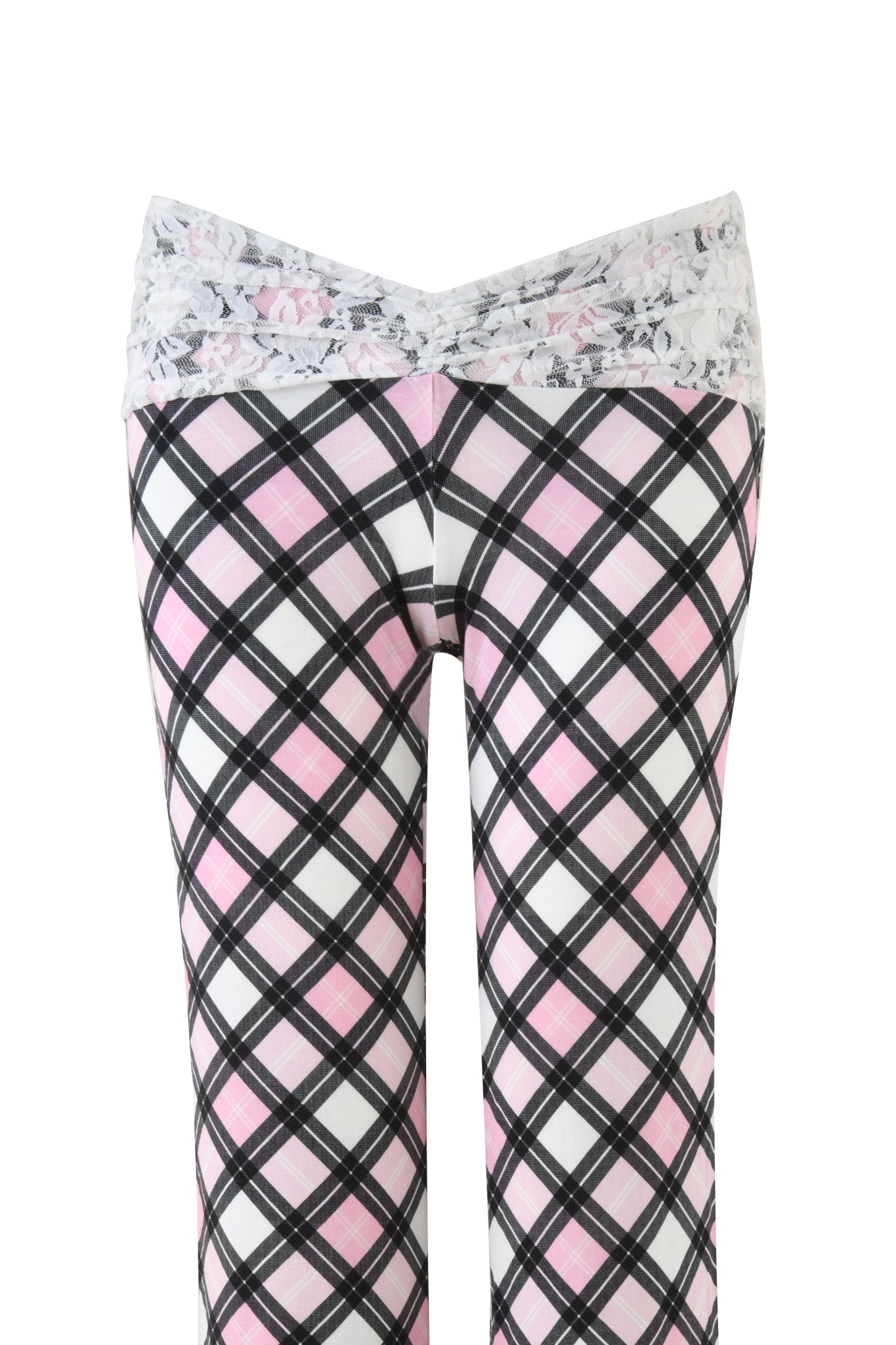 The KENDRA PANT - PINK : PLAID by I.AM.GIA showcases a low-rise flared silhouette in pink, white, and black plaid with a delicate white lace waistband for a touch of vintage flair.