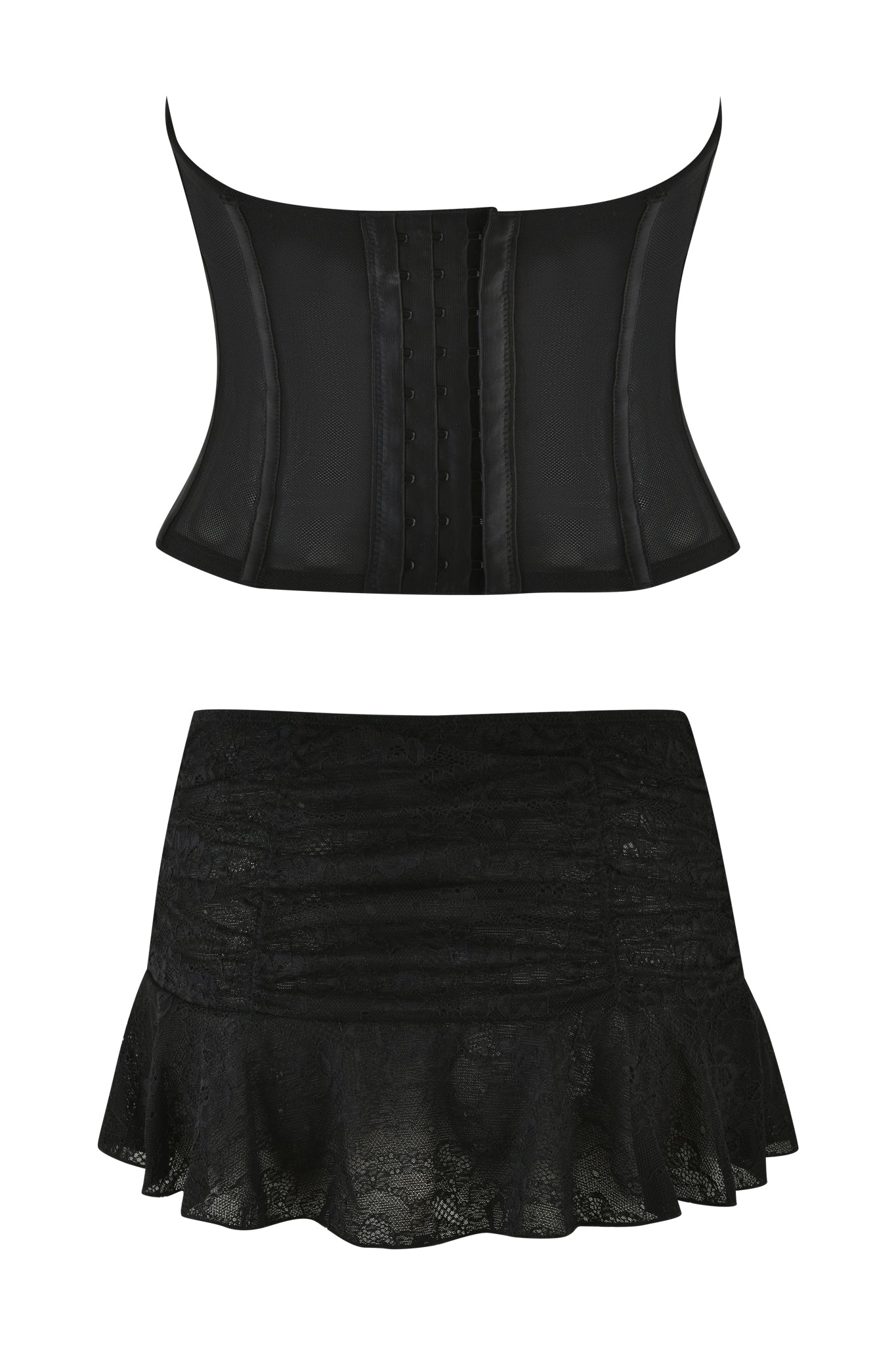 The ANNA BUSTIER SET - BLACK by I.AM.GIA features a strapless lace bustier with hook closures and a lace-ruffled micro mini skirt, showcased beautifully against a white backdrop.