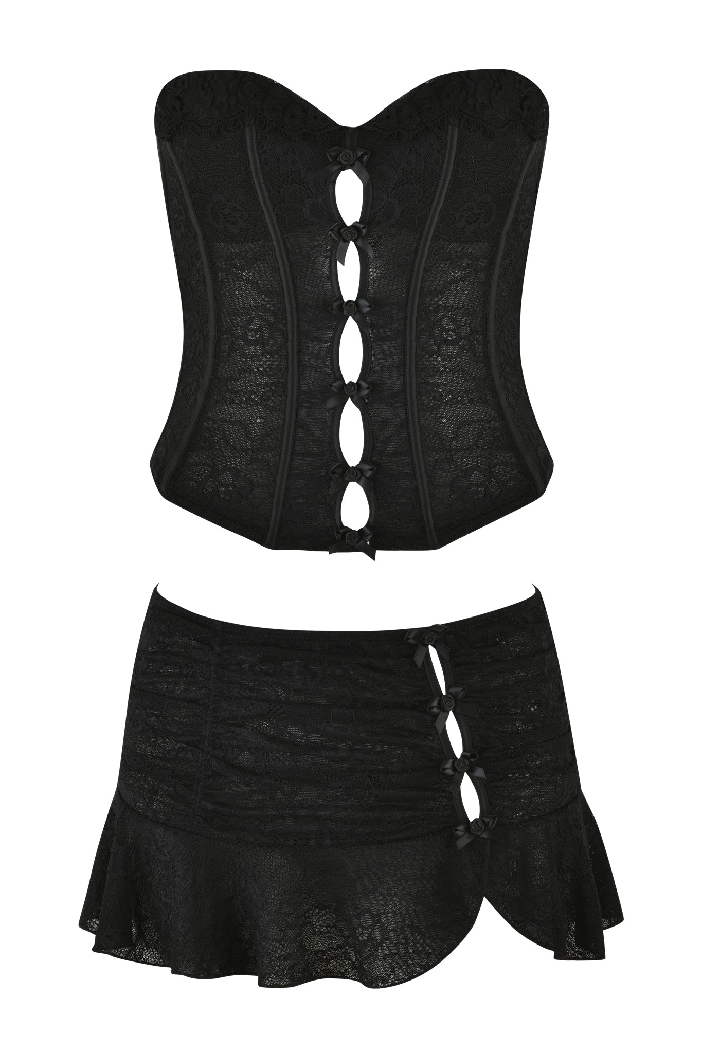 The ANNA BUSTIER SET - BLACK by I.AM.GIA features a strapless lace bustier with front hook-and-eye closures, paired with a micro mini skirt that has a ruffled hem and side cutouts with ribbon details.