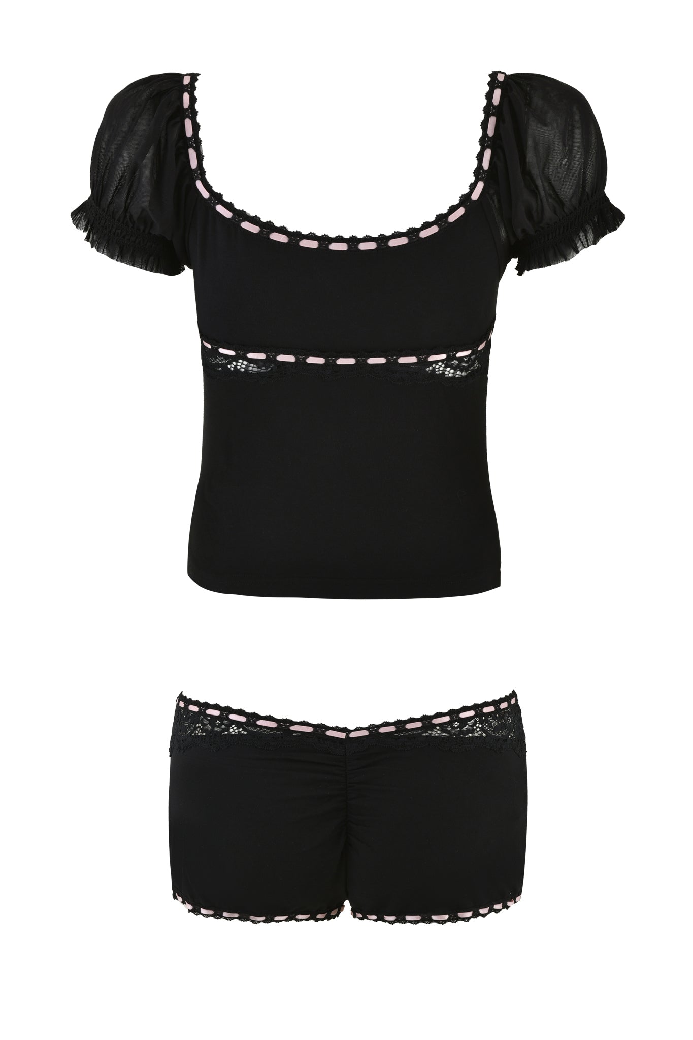 The DESTINY 2 PIECE SET in black by I.AM.GIA is a vintage-inspired pajama ensemble featuring a short-sleeve top with a scoop neckline and ribbon detailing, beautifully paired with matching shorts adorned with lace trim.