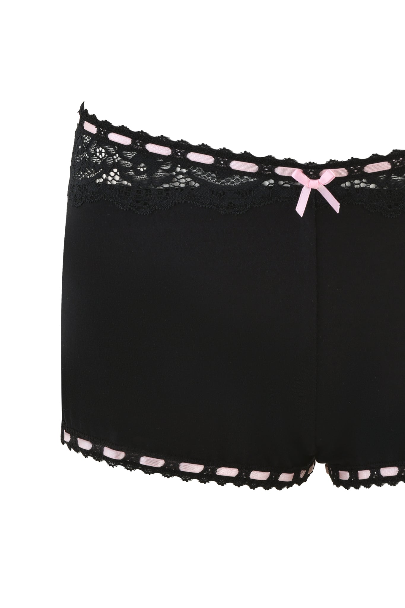The DESTINY 2 PIECE SET - BLACK by I.AM.GIA features black lace-trimmed shorts with pink ribbon detailing at the waist and hem, offering a vintage-inspired sleepwear look.