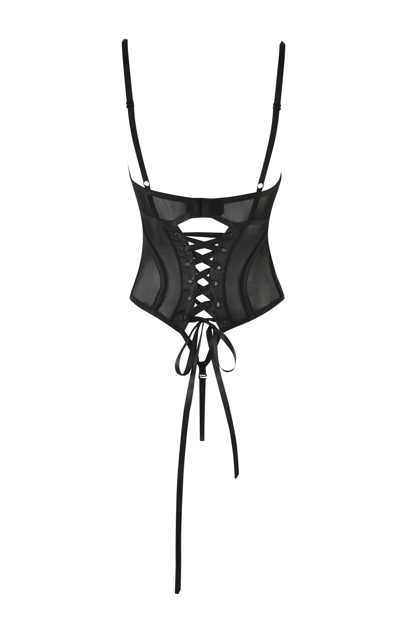 The Jacqueline Bodysuit by I.AM.GIA is a vintage vixen's dream, featuring thin shoulder straps, an intricate lace-up front, and corset boning with adjustable ties. The sheer black fabric adds a touch of allure to its structured design.