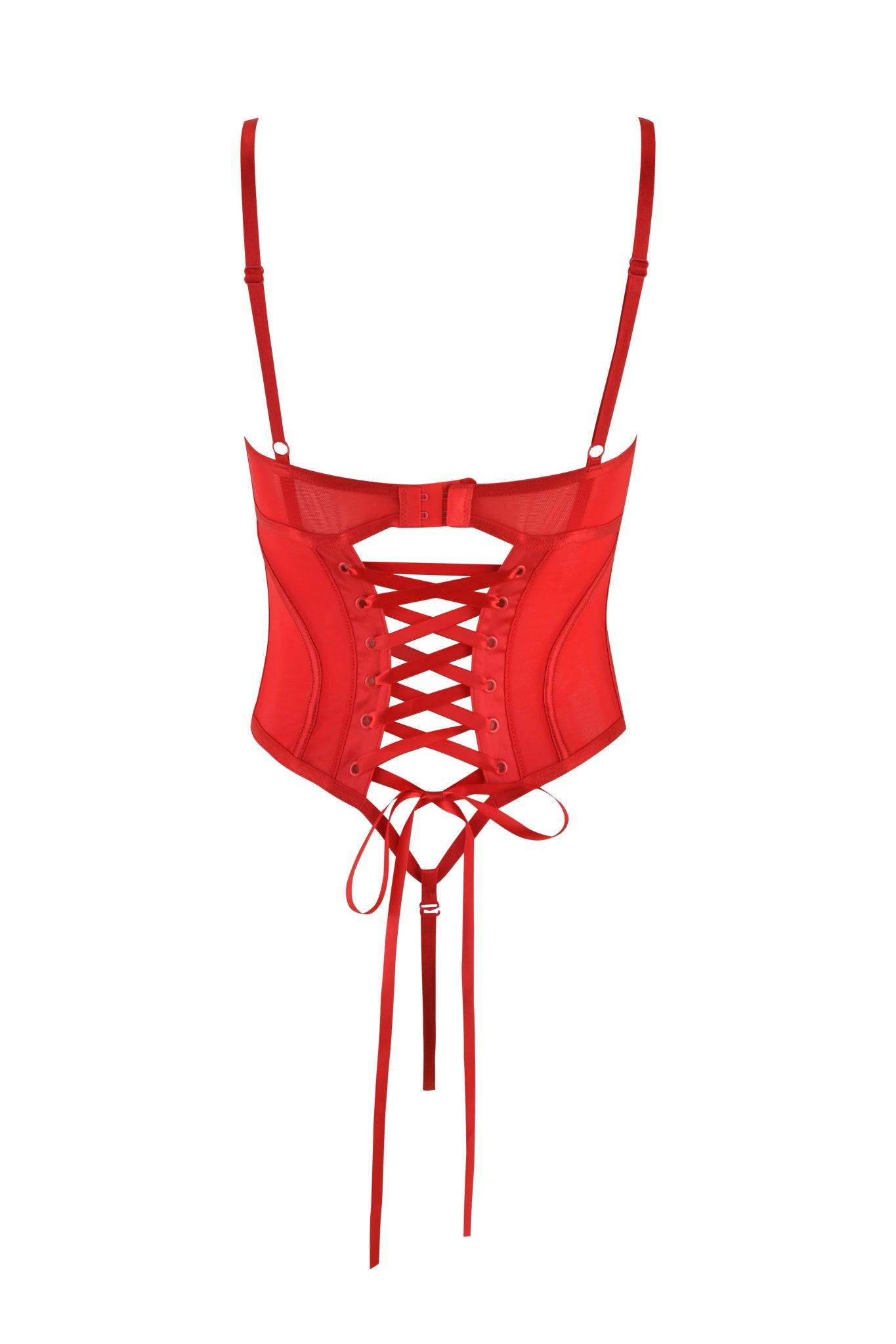 The JACQUELINE BODYSUIT - RED by I.AM.GIA features adjustable straps, a lace-up front, and a bow at the bottom. Its vintage-inspired design and smooth fabric enhance an hourglass figure with sleek elegance.