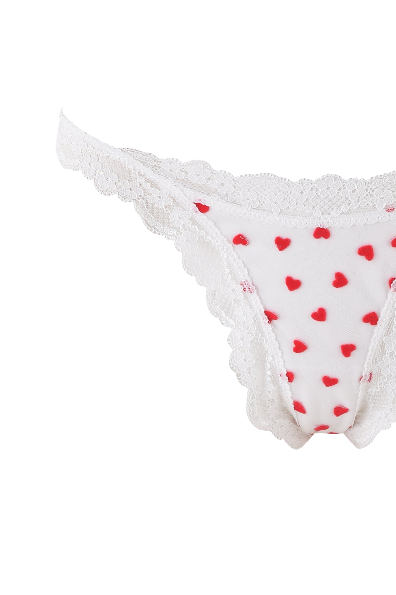 White panties with red heart pattern from I.AM.GIA's PAMELA SET - WHITE : HEARTBEAT, crafted from heart flocked tulle with delicate lace trim.