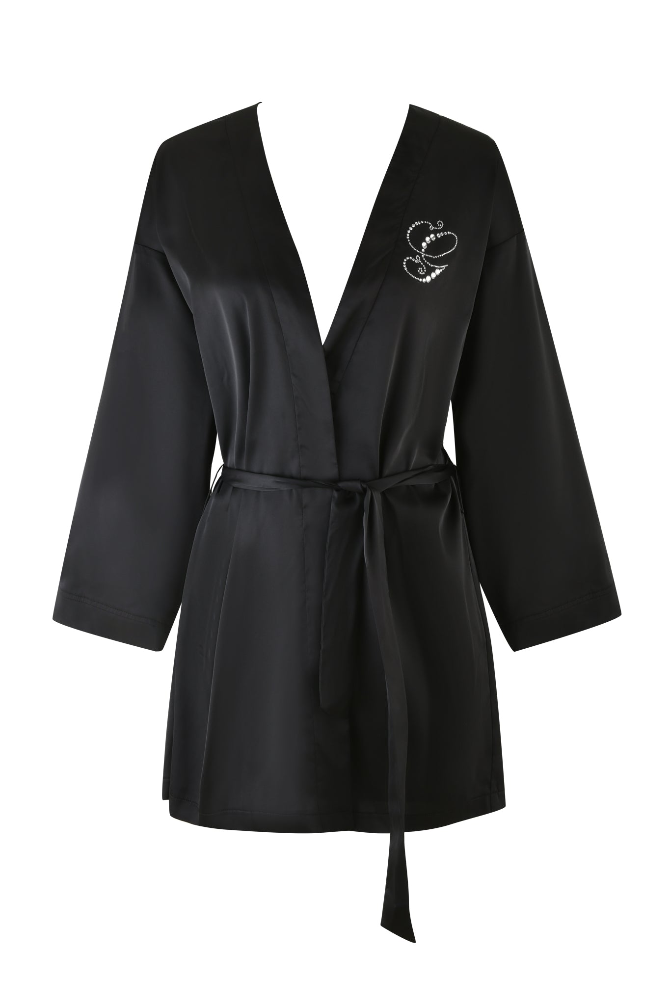 The LARSA 2.0 SLEEP ROBE - BLACK by I.AM.GIA is made from luxurious satin, complete with long sleeves and a coordinating tie belt. An exquisite embroidered snake design embellishes the left chest, enhancing the allure of this timeless garment.