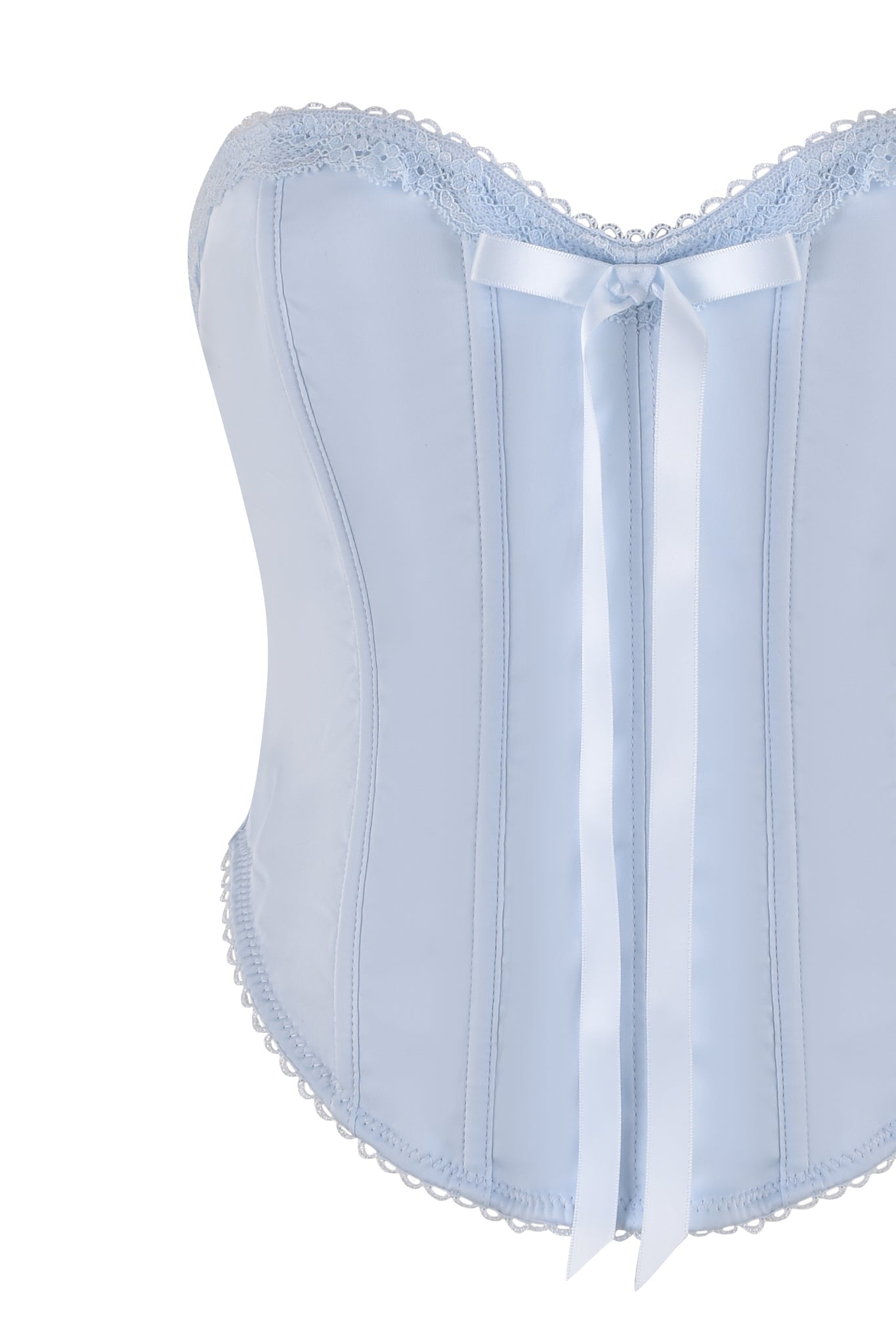 The BRIDGET BUSTIER SHORT SET - BLUE by I.AM.GIA features a vintage-inspired light blue corset with a white satin bow. Its structured silhouette is accentuated with vertical seams and stretch lace trims on the top and bottom edges.