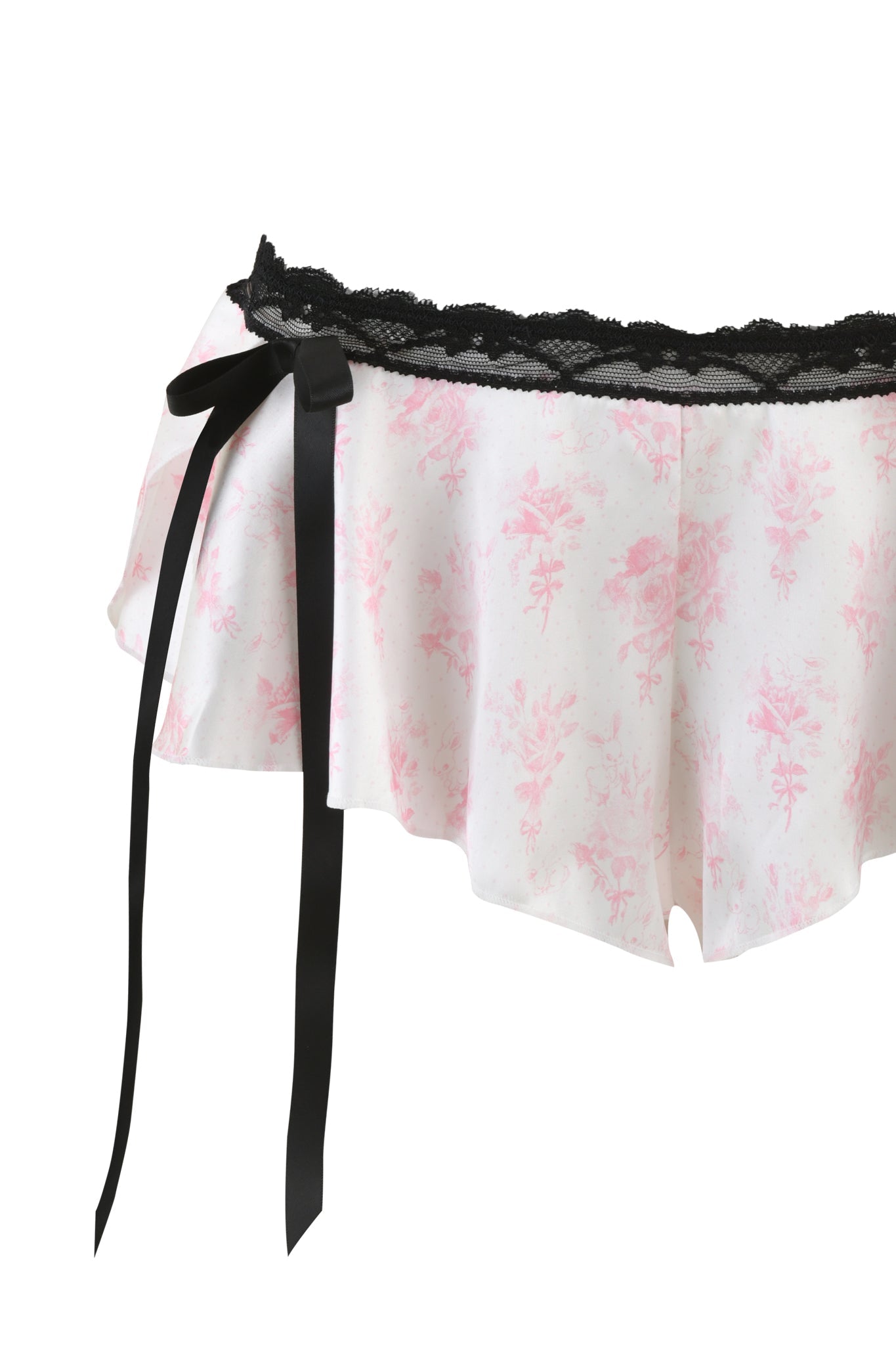 The BRIDGET BUSTIER 2 PIECE SET - PINK : FLORAL by I.AM.GIA is a vintage-inspired bustier adorned with a white and pink floral print, complemented by elegant black lace trims and a charming black ribbon bow detail.