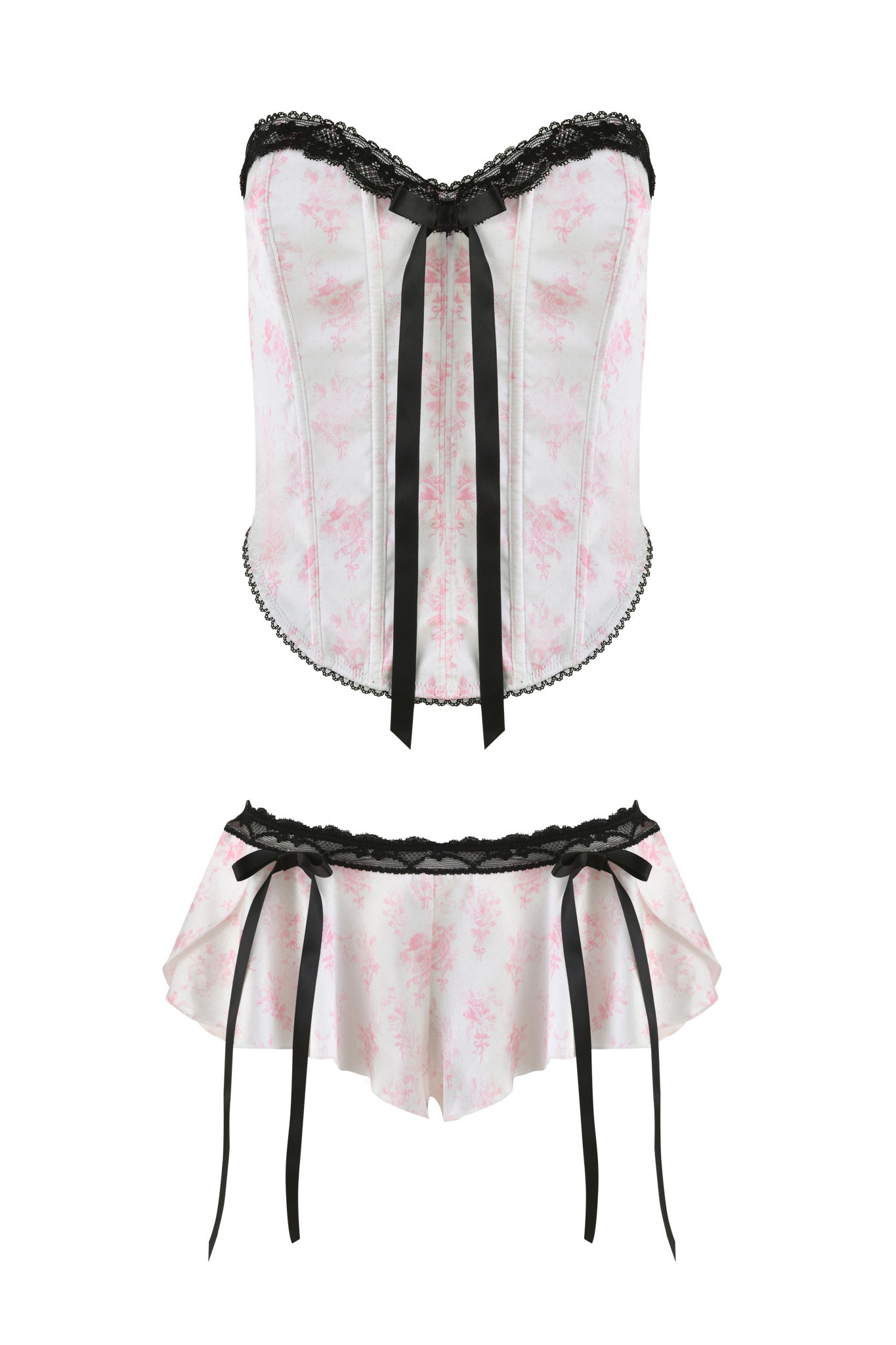 Introducing the BRIDGET BUSTIER 2 PIECE SET - PINK : FLORAL by I.AM.GIA, a vintage-inspired lingerie set that includes a bustier and mini skirt. This pink ensemble boasts a subtle floral print, elegantly adorned with black lace trims and ribbon bows. The bustier features structured seams for enhanced shaping.