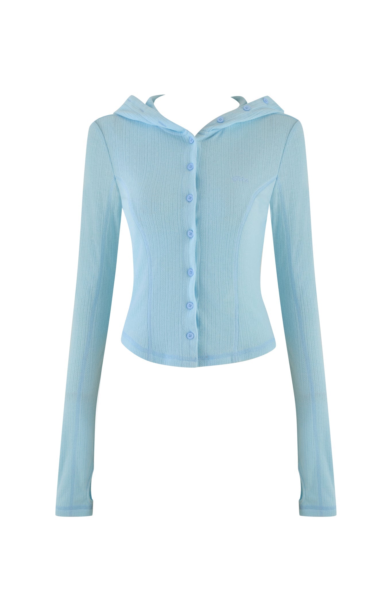 The MIA HOODIE 2.0 - BLUE in Baby Blue by I.AM.GIA is a light blue, sheer top featuring long sleeves and a button-down front. With its bodycon silhouette and small hood, this piece provides both style and comfort.